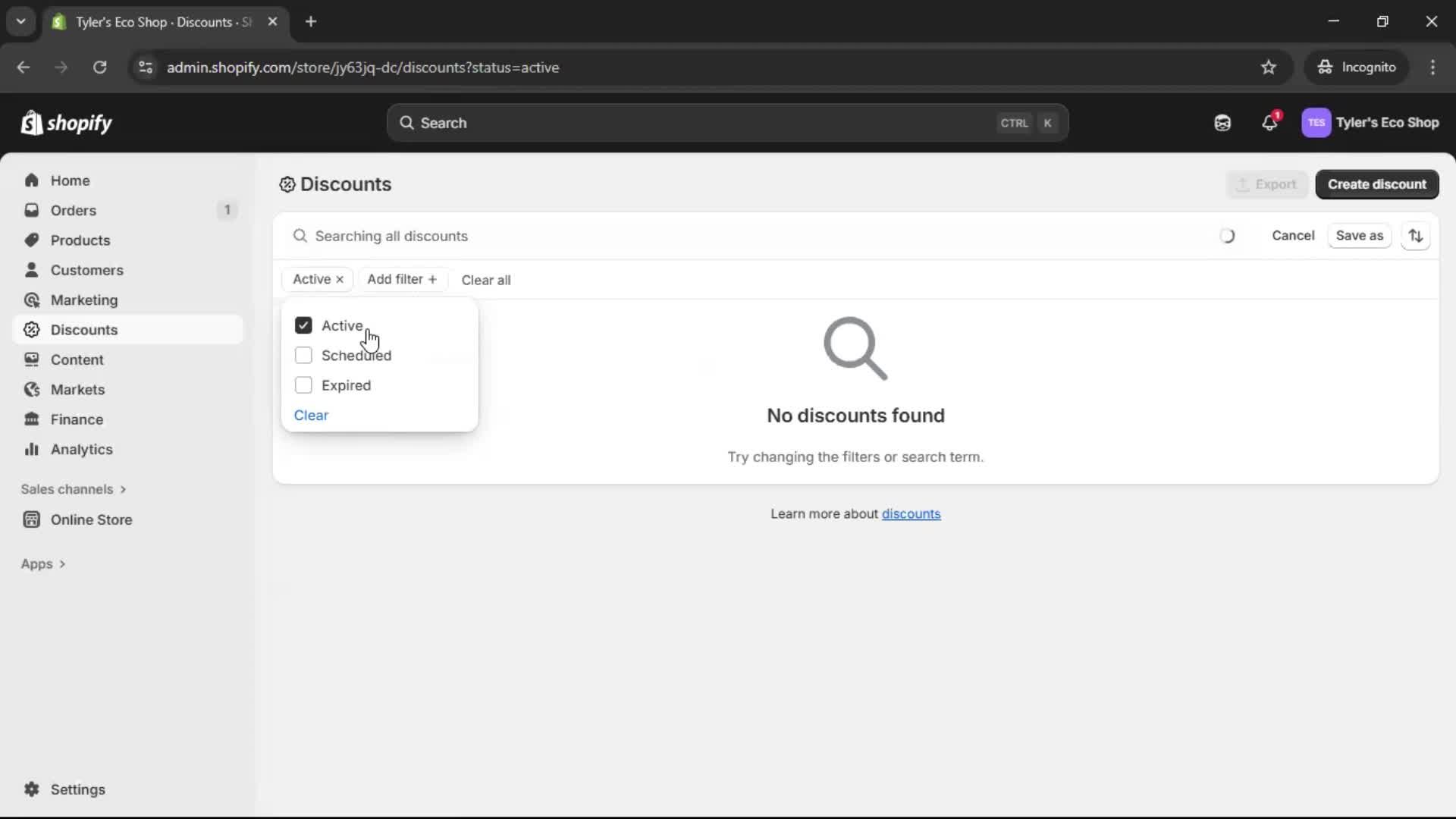 Creating a discount code screenshot