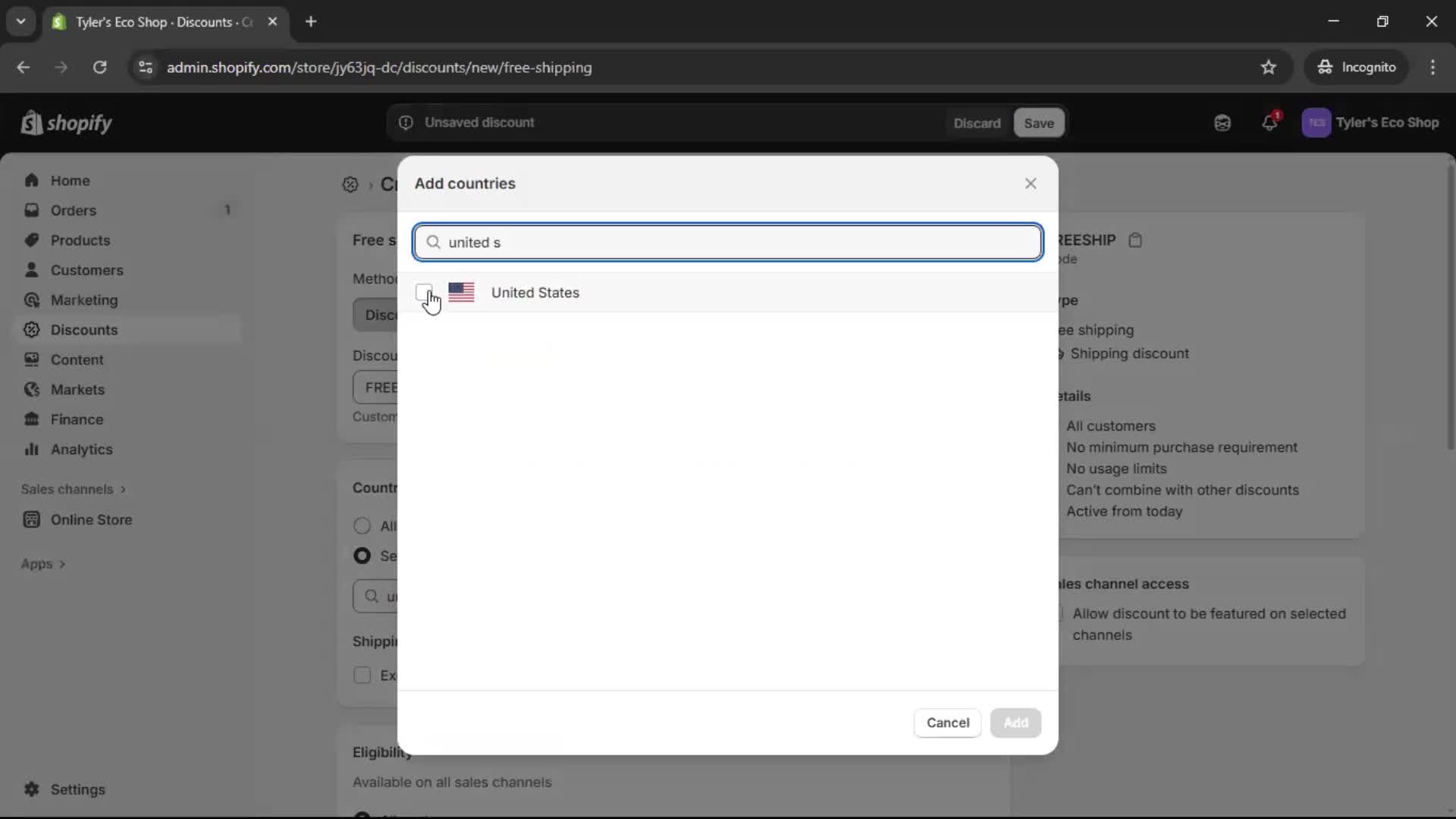 Creating a discount code screenshot