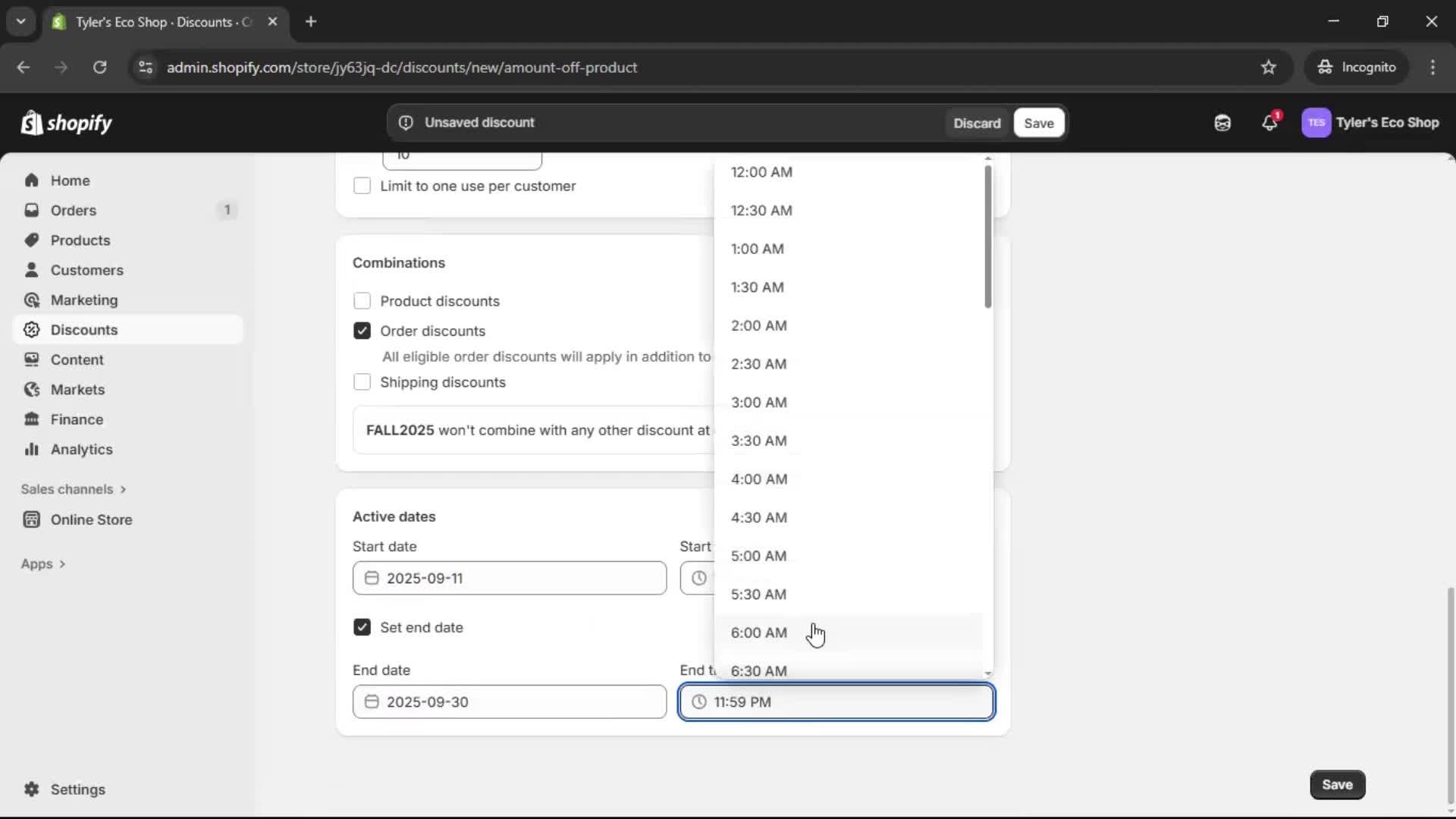 Creating a discount code screenshot