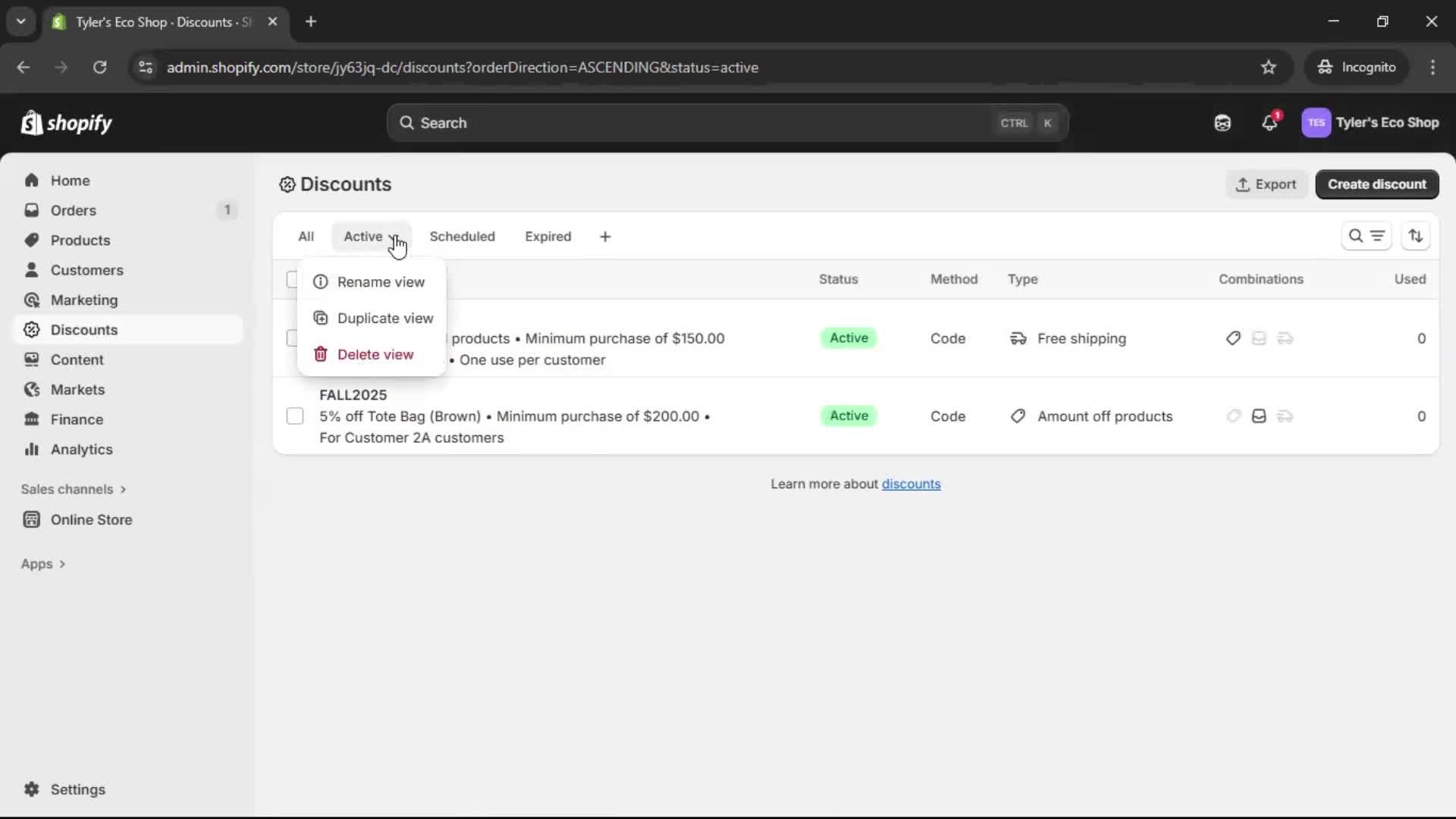 Creating a discount code screenshot