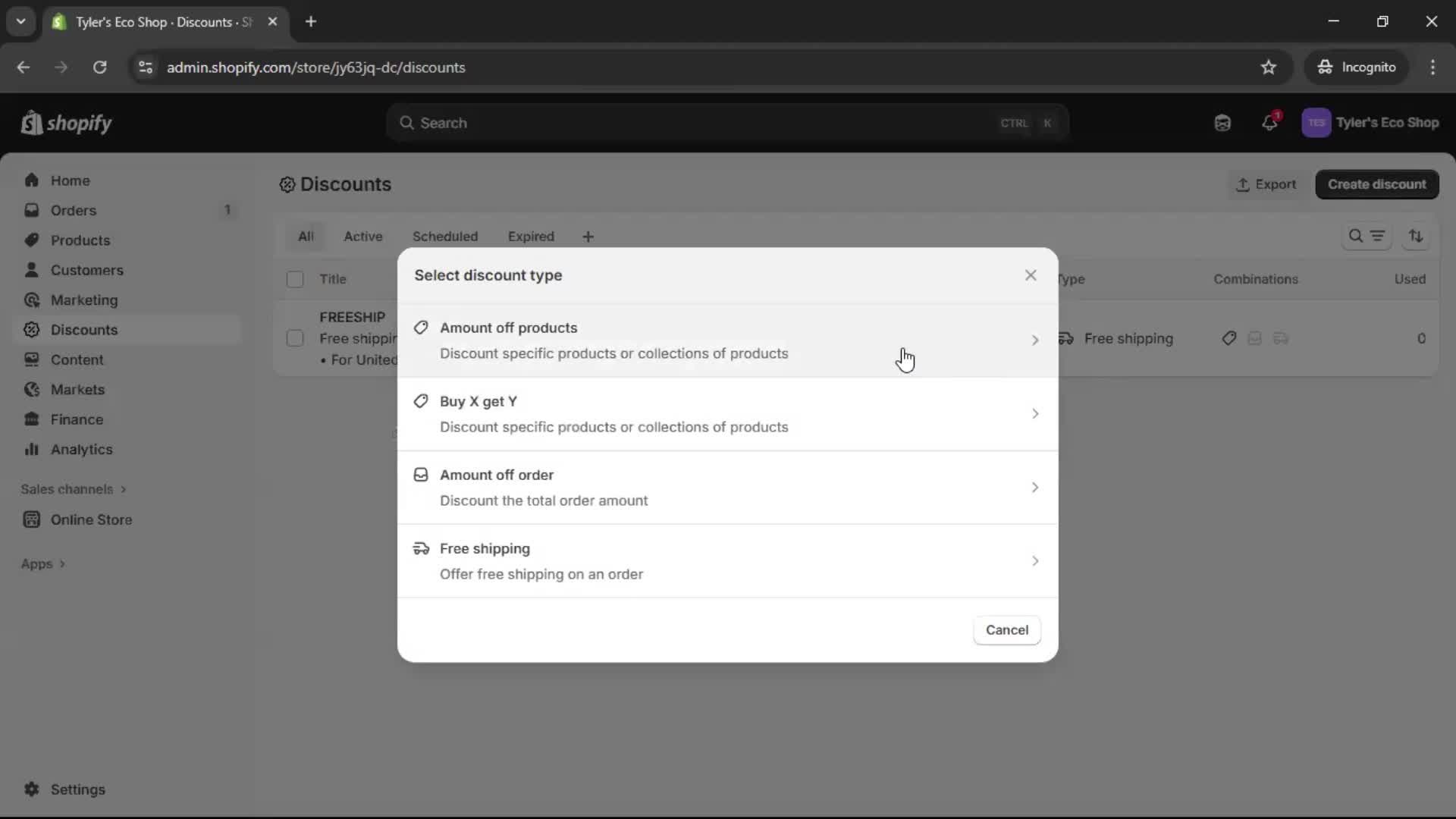 Creating a discount code screenshot