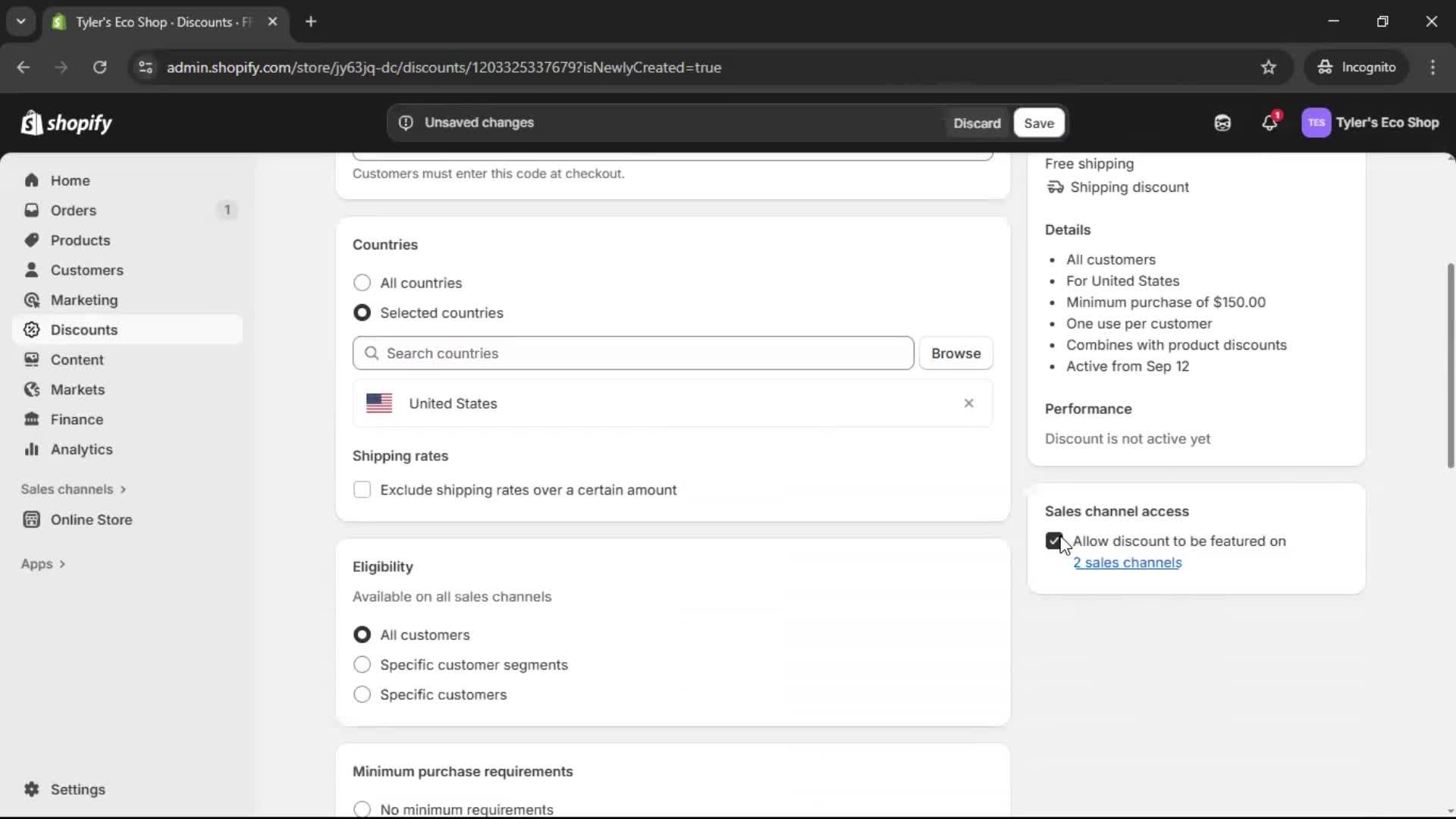 Creating a discount code screenshot