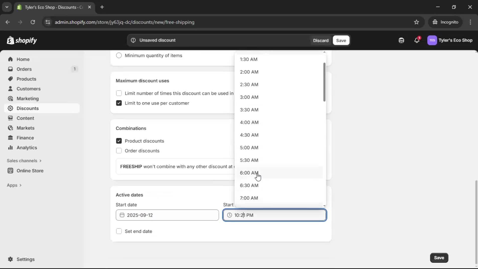 Creating a discount code screenshot