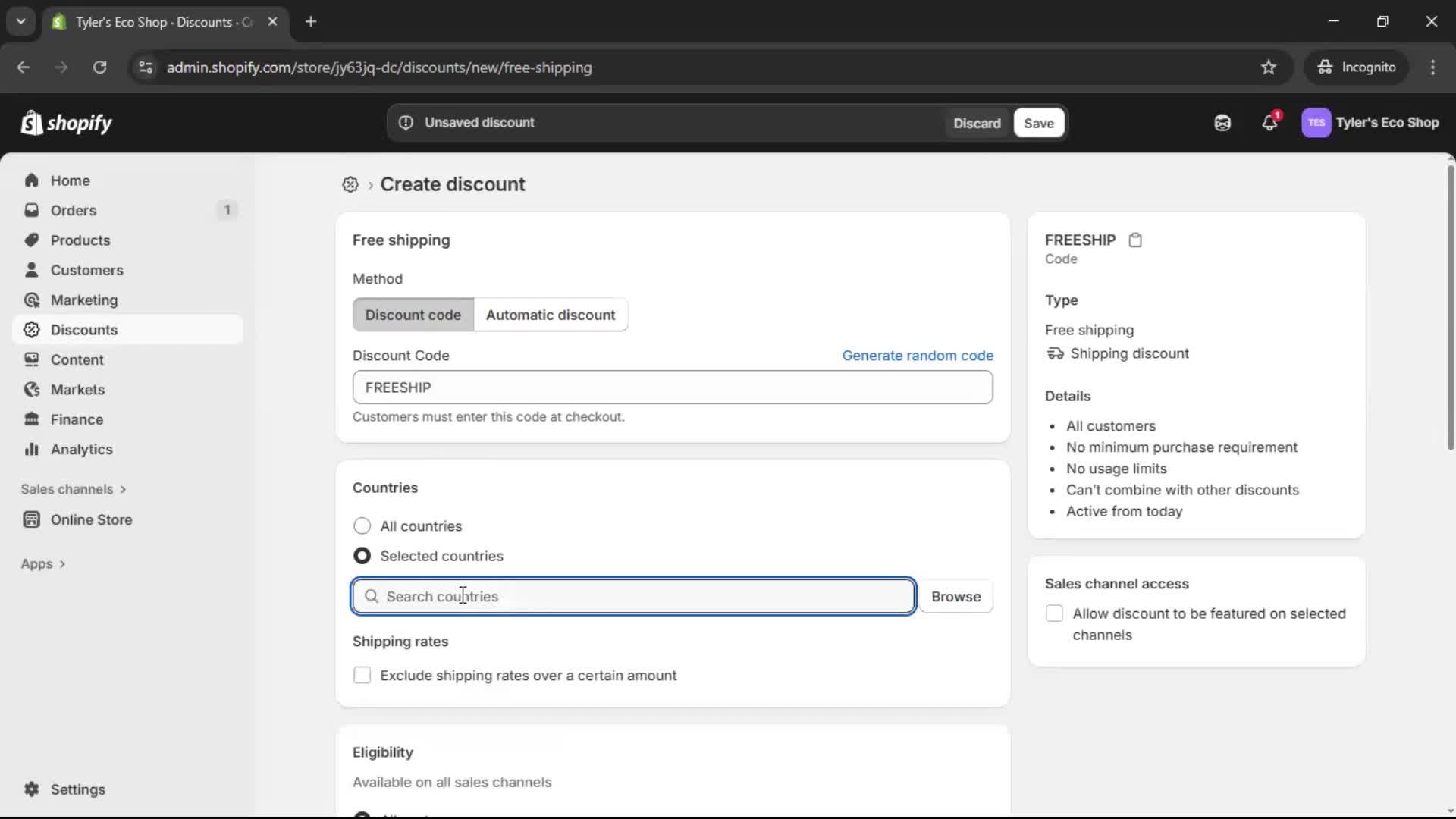Creating a discount code screenshot
