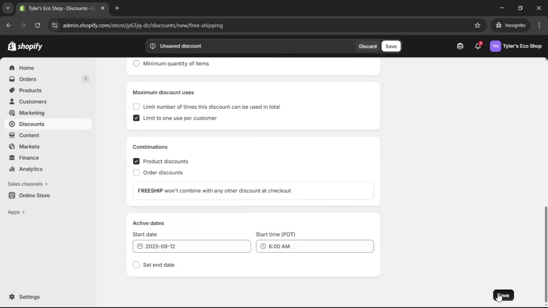 Creating a discount code screenshot