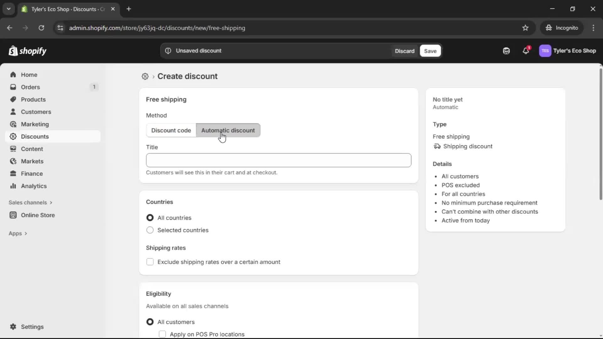 Creating a discount code screenshot