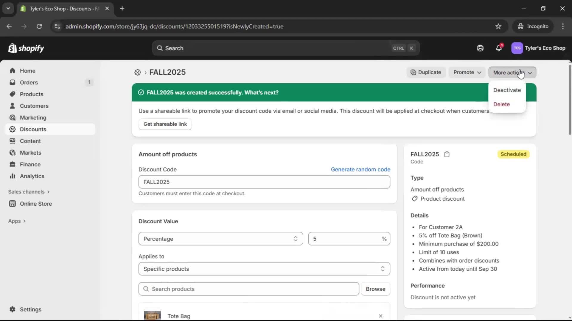 Creating a discount code screenshot