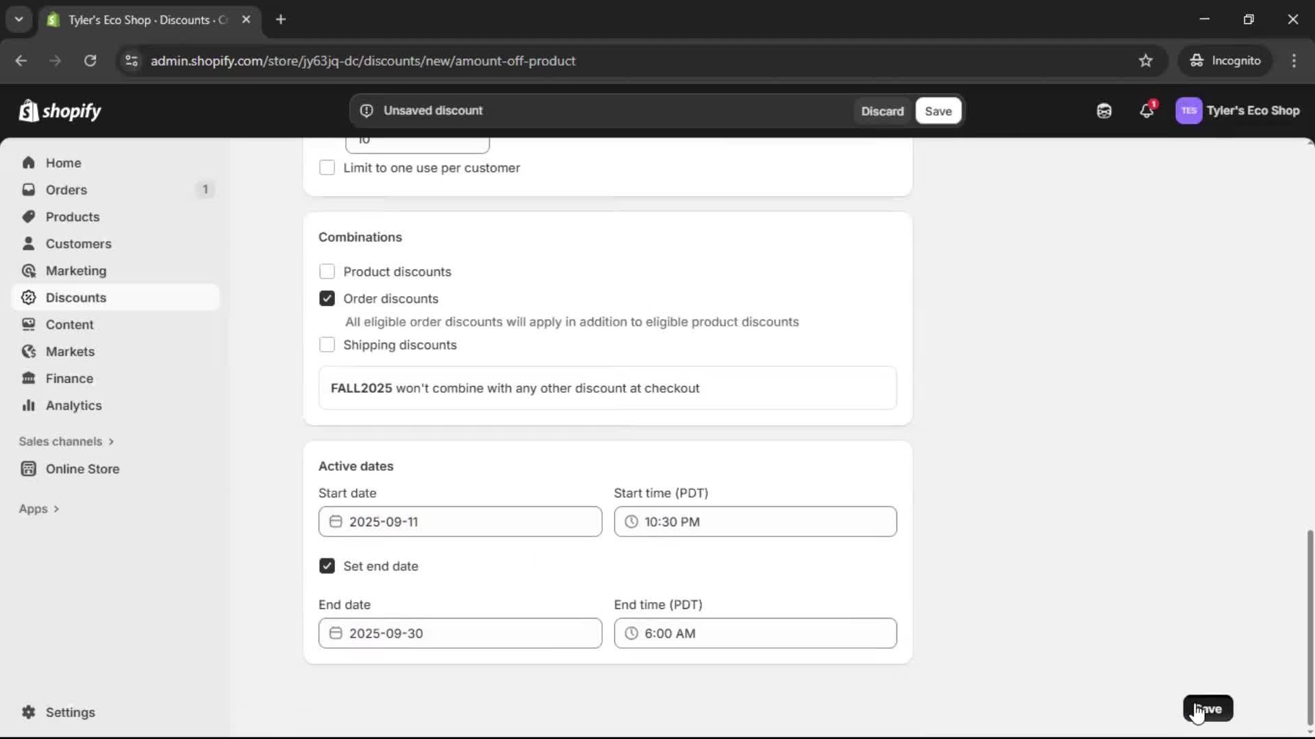 Creating a discount code screenshot