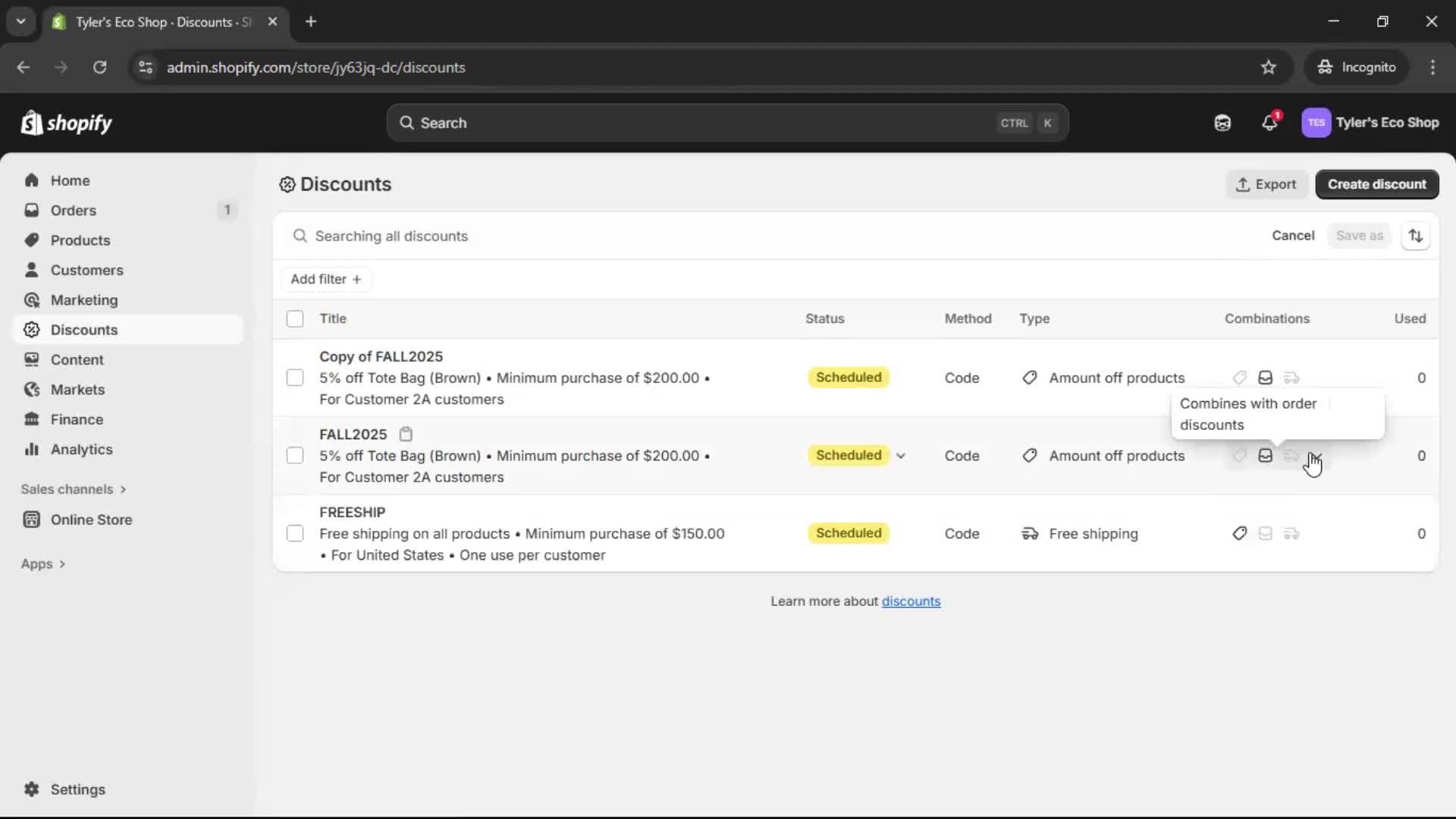Creating a discount code screenshot