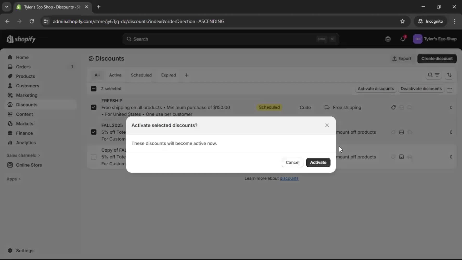 Creating a discount code screenshot
