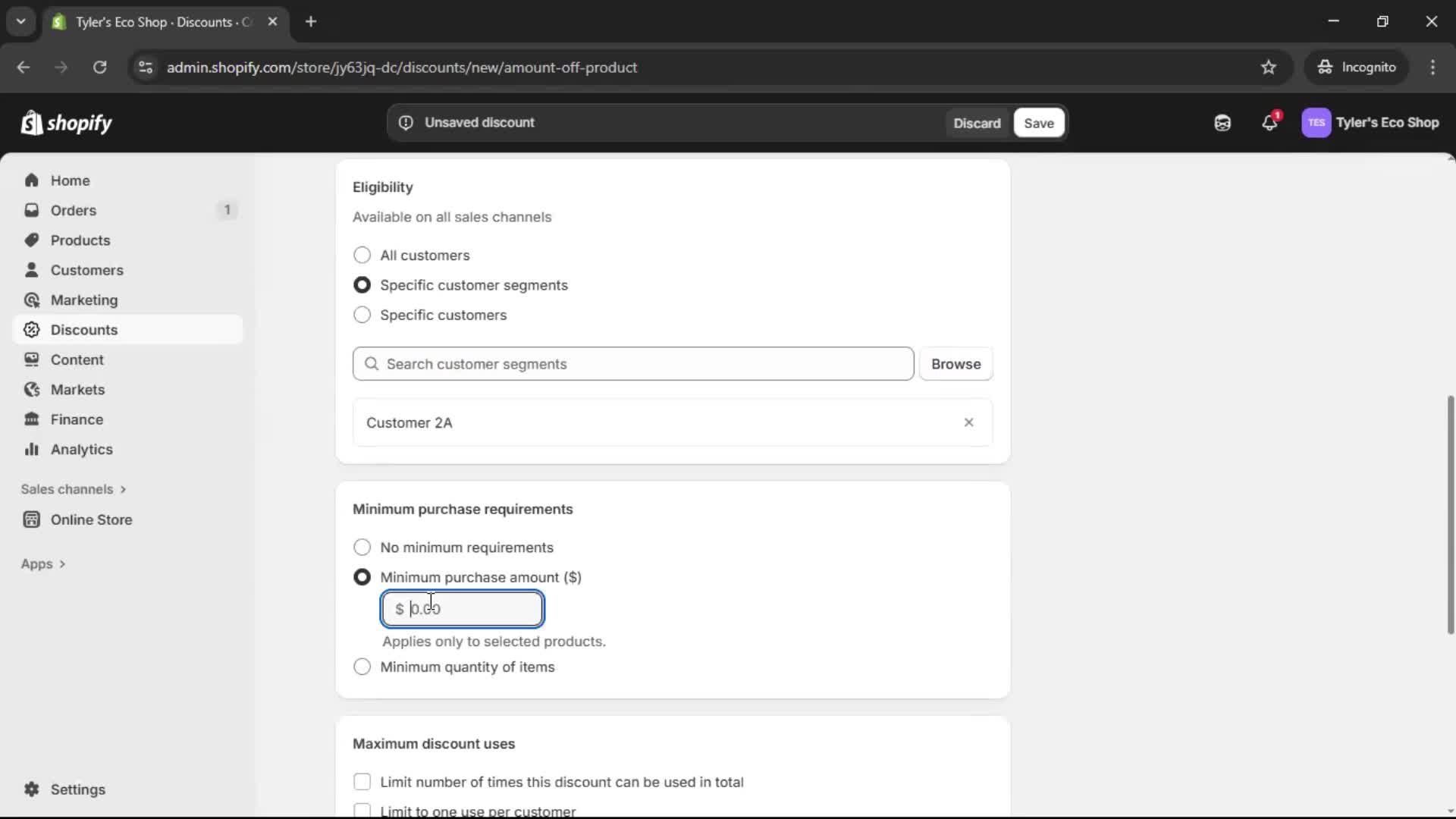 Creating a discount code screenshot