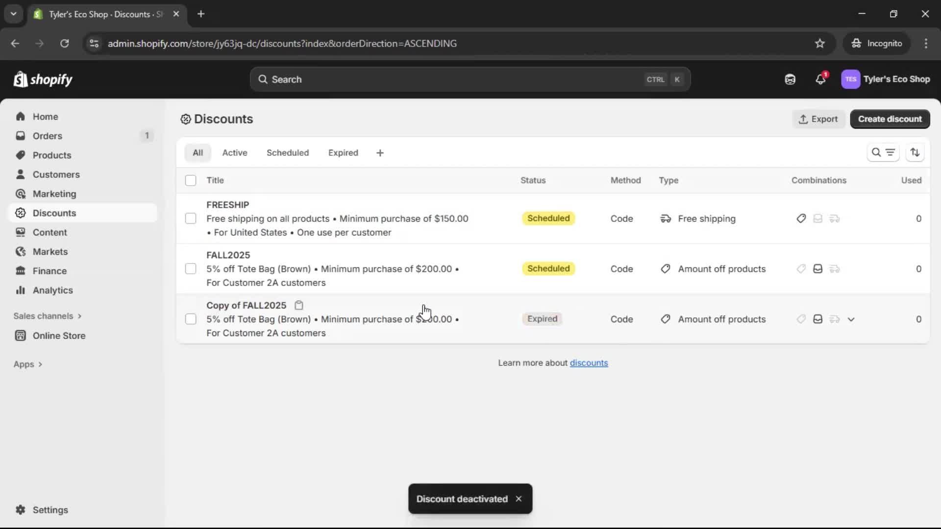 Creating a discount code screenshot