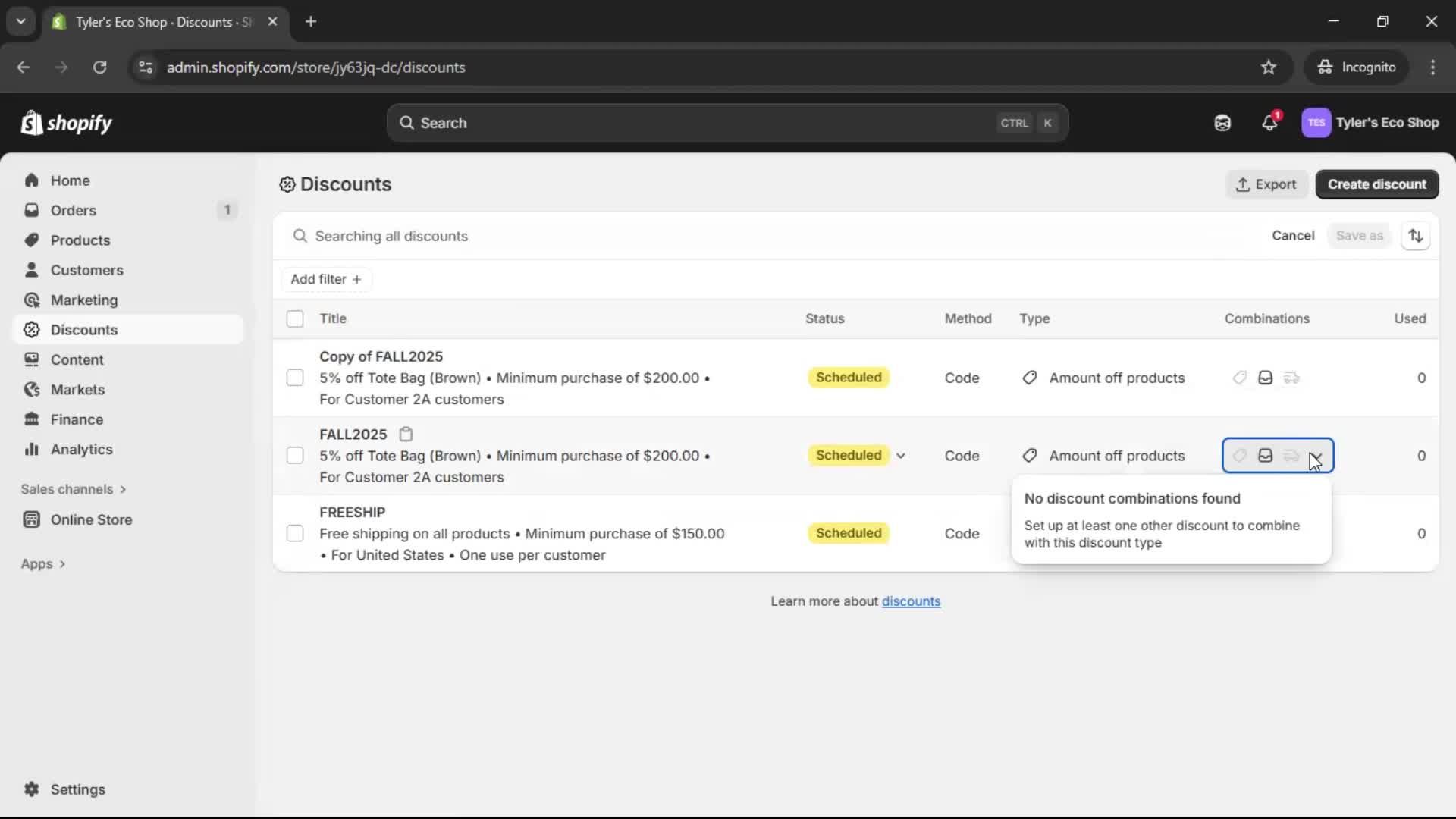 Creating a discount code screenshot