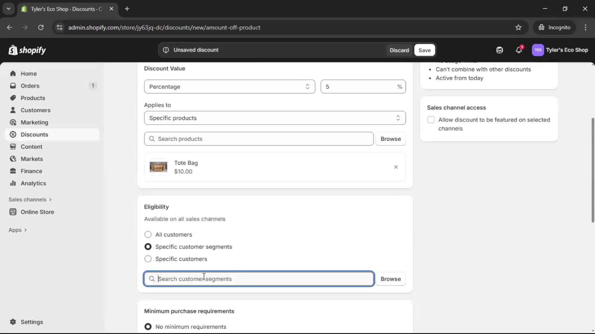 Creating a discount code screenshot