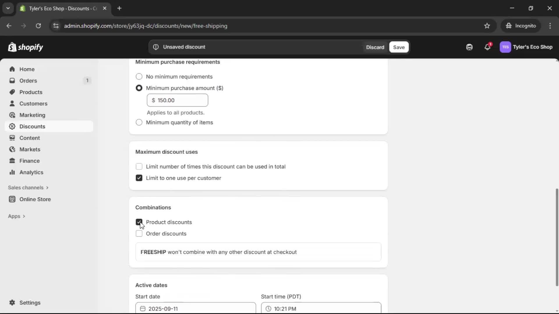 Creating a discount code screenshot