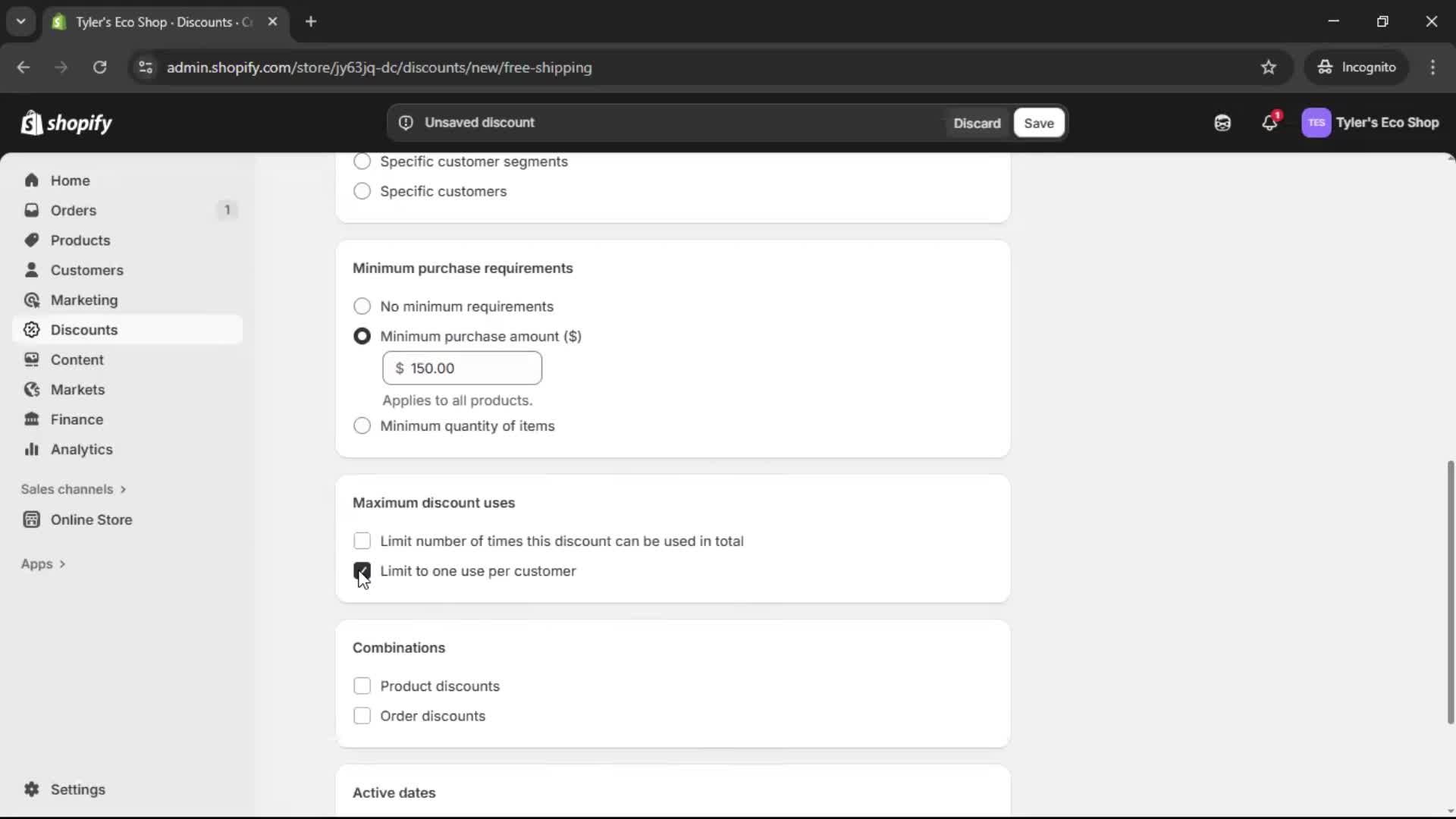 Creating a discount code screenshot