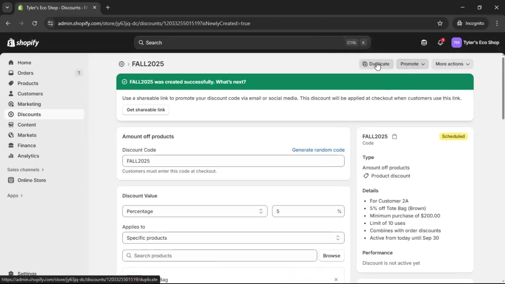 Creating a discount code screenshot
