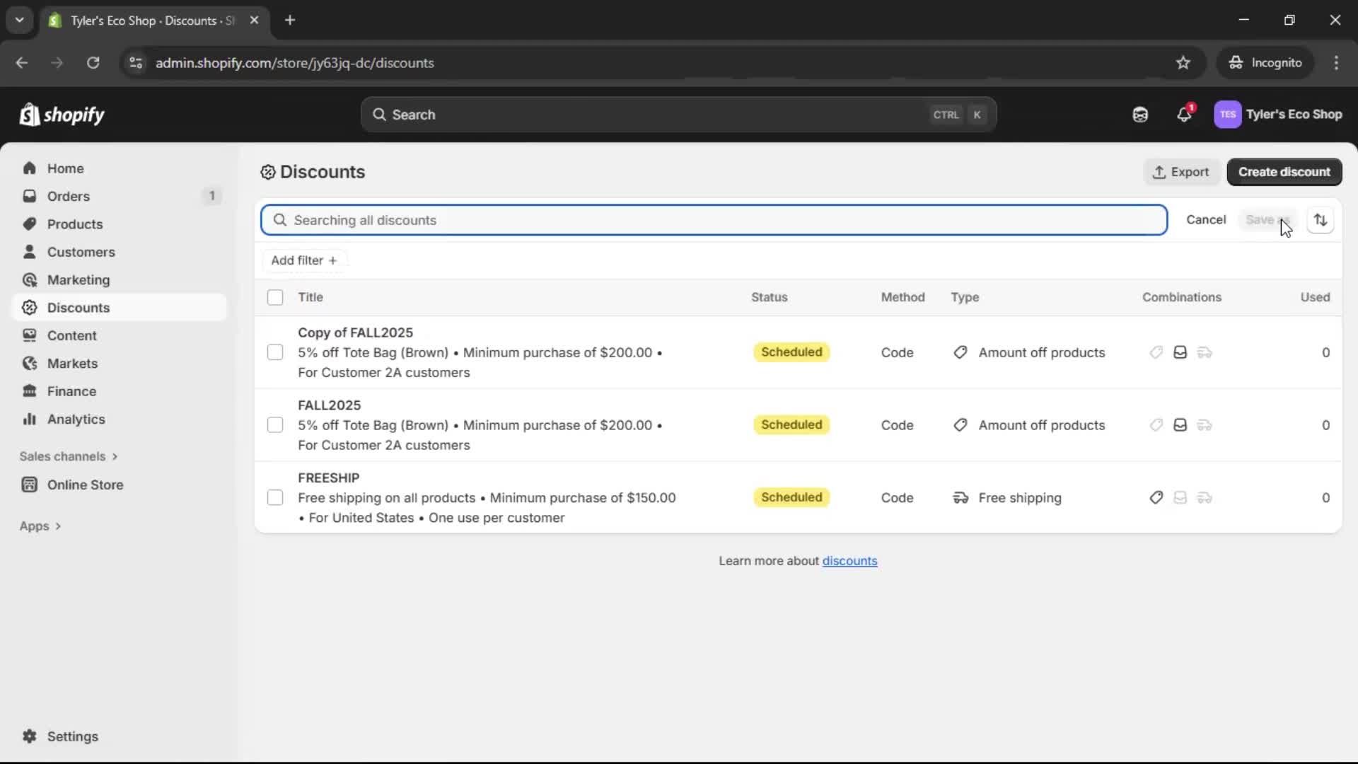 Creating a discount code screenshot