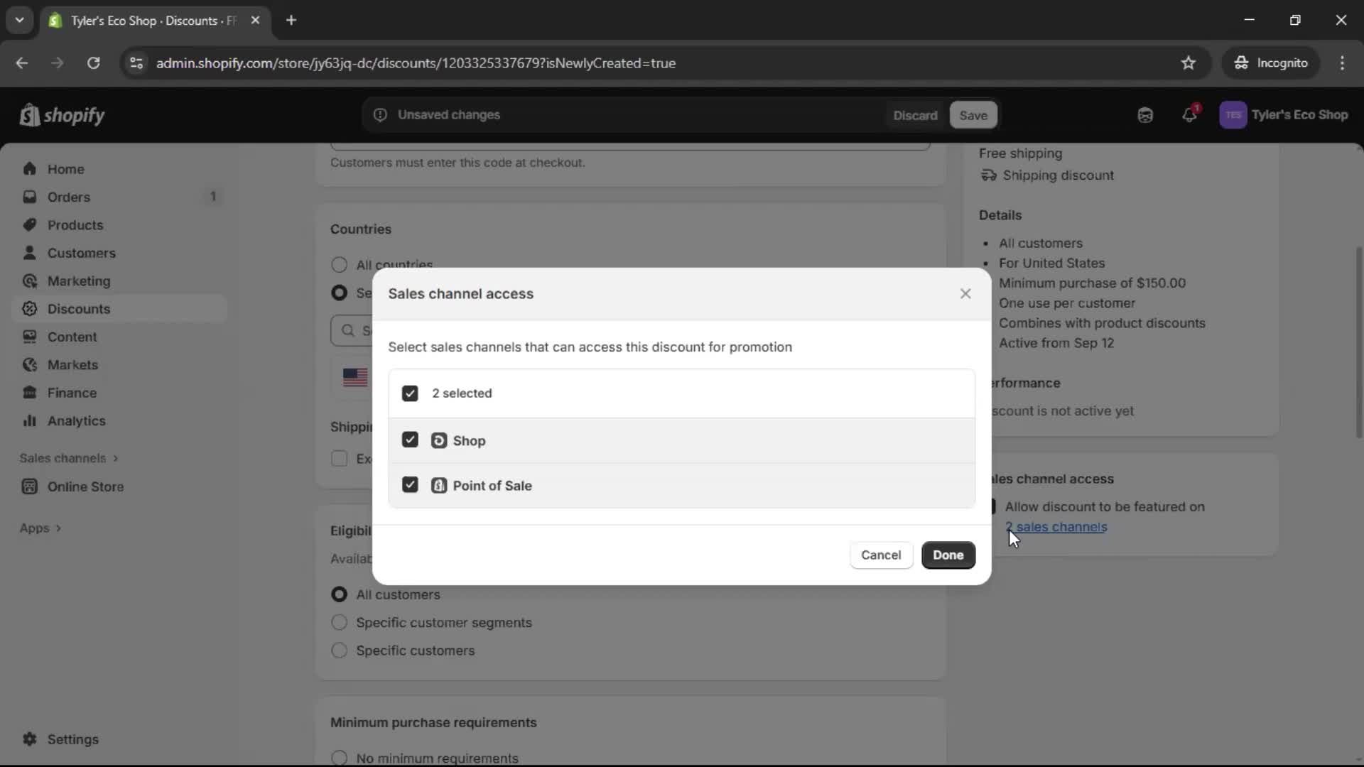Creating a discount code screenshot