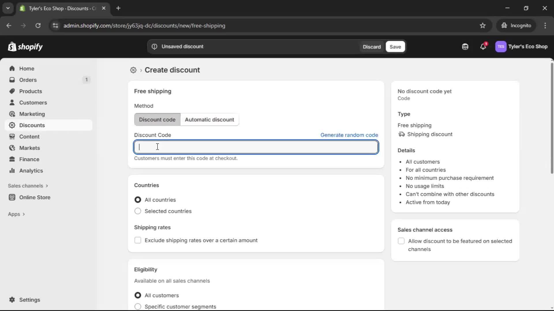 Creating a discount code screenshot