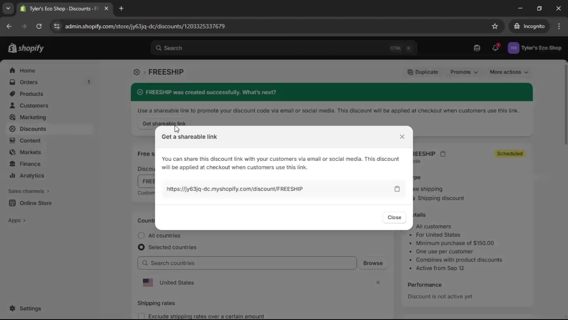 Creating a discount code screenshot