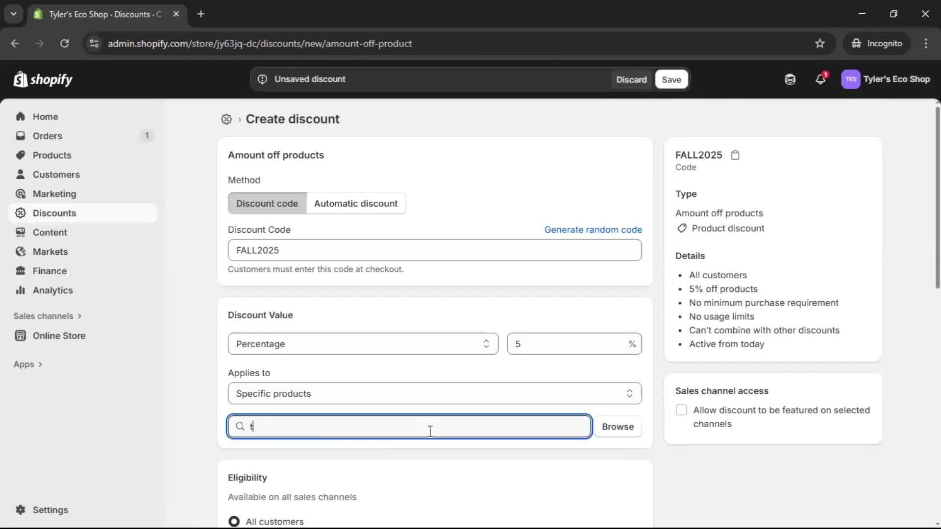 Creating a discount code screenshot