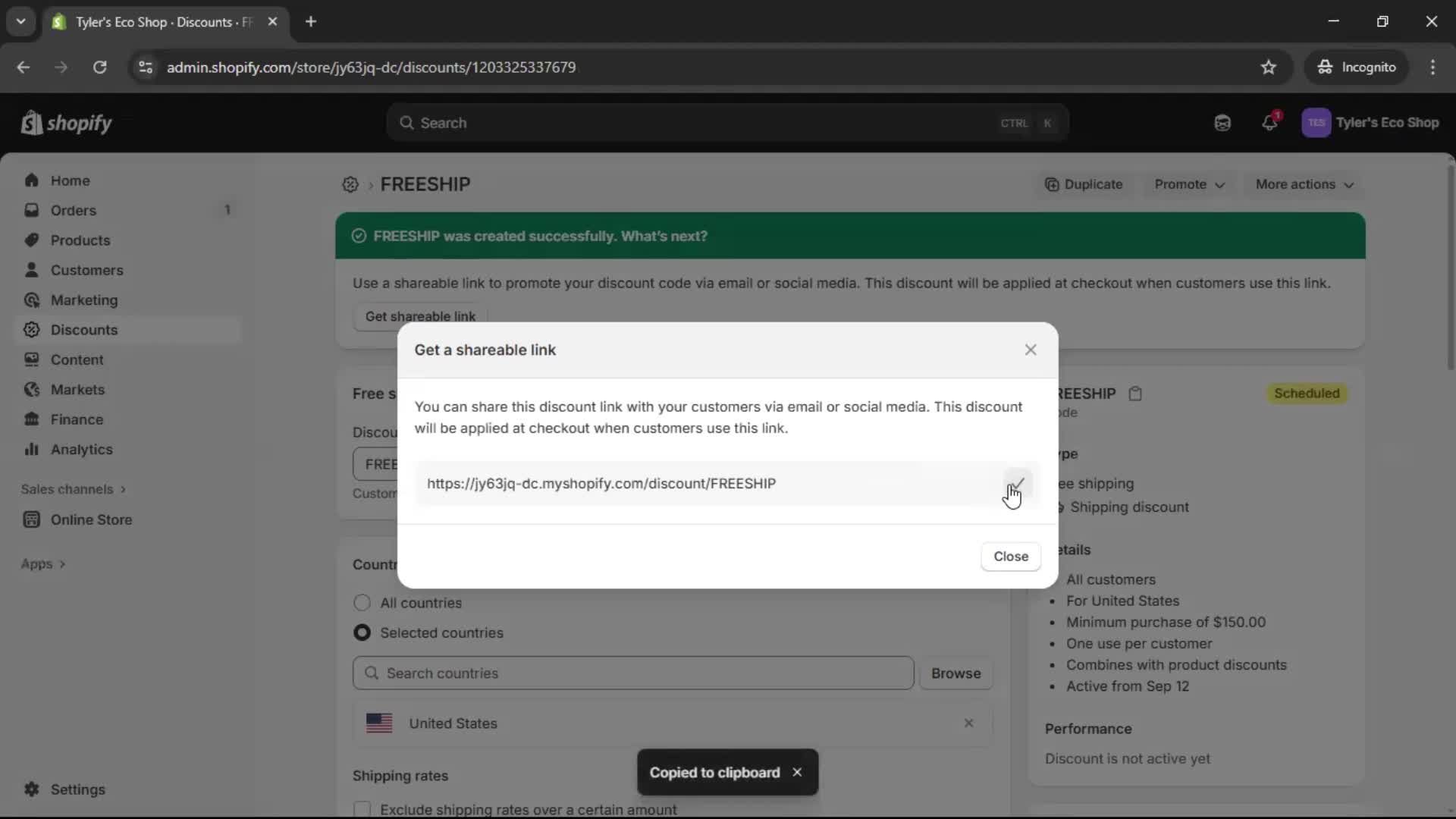 Creating a discount code screenshot