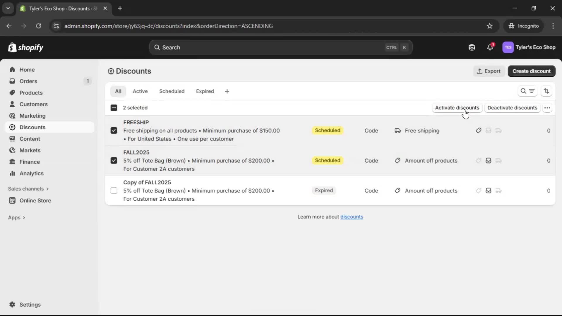 Creating a discount code screenshot