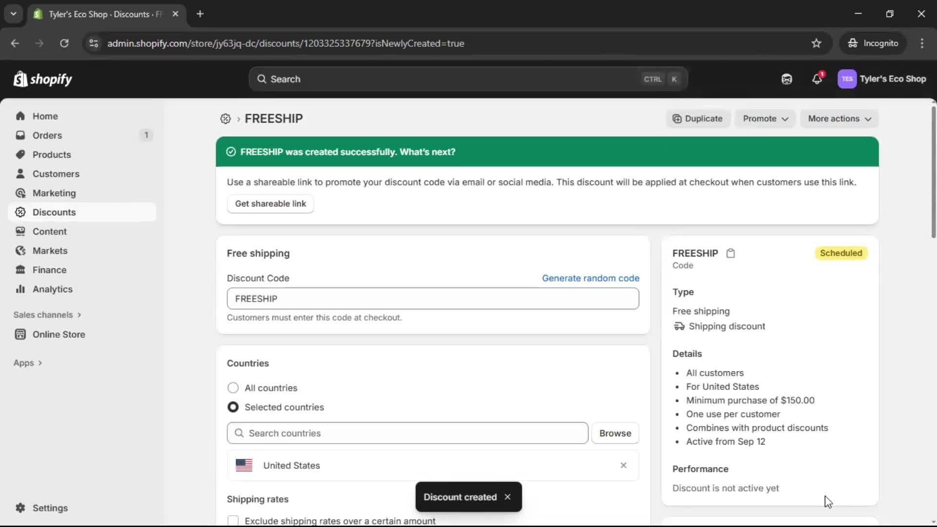 Creating a discount code screenshot