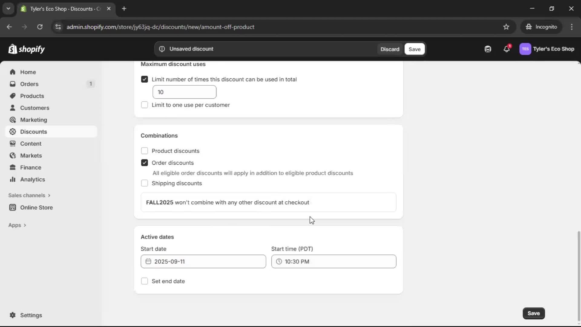 Creating a discount code screenshot