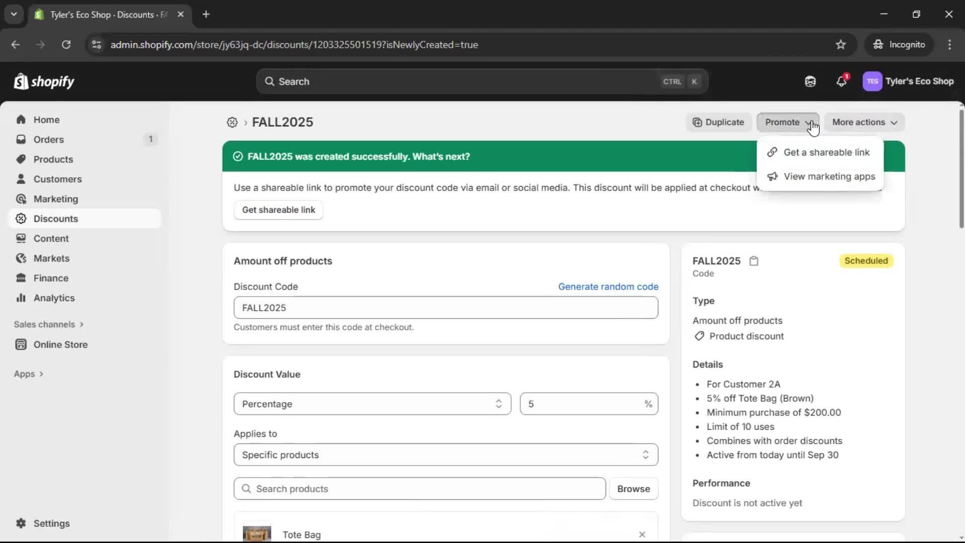 Creating a discount code screenshot
