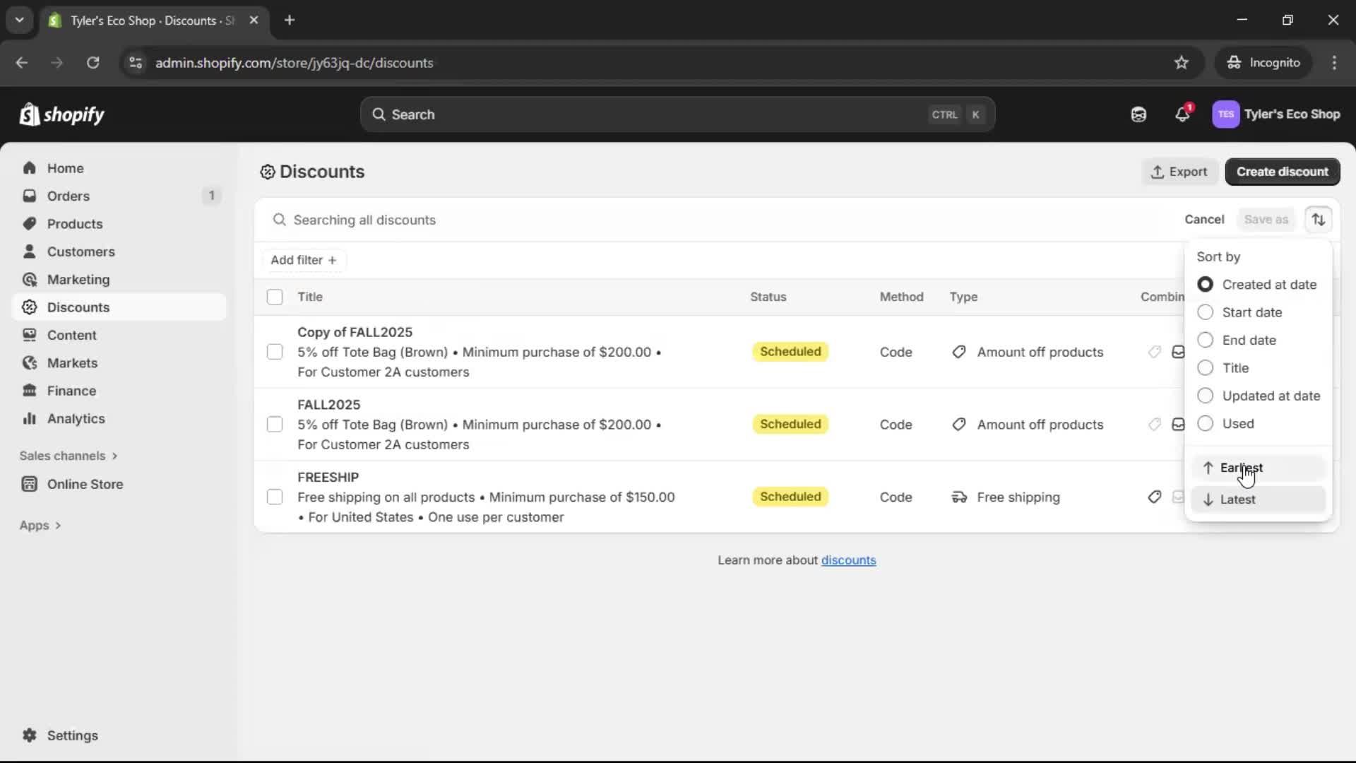 Creating a discount code screenshot