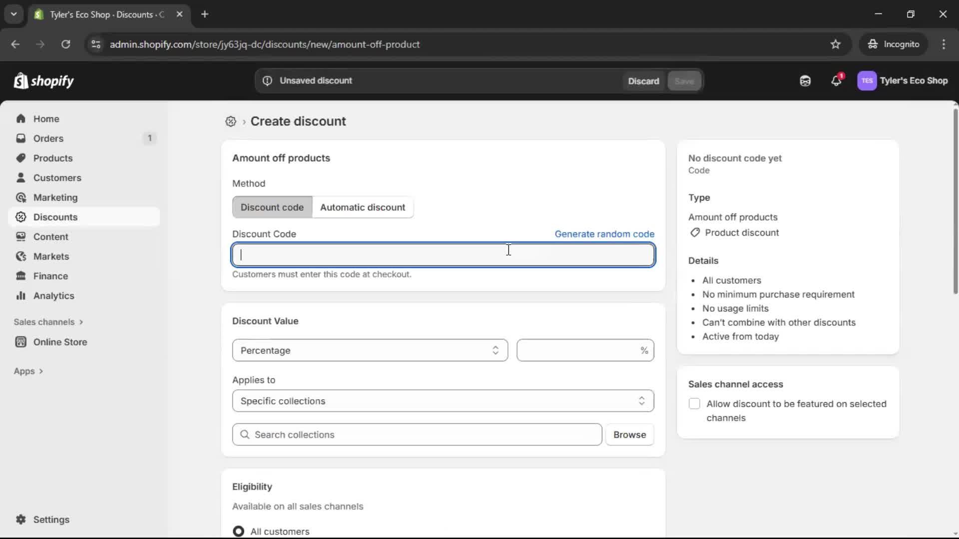 Creating a discount code screenshot