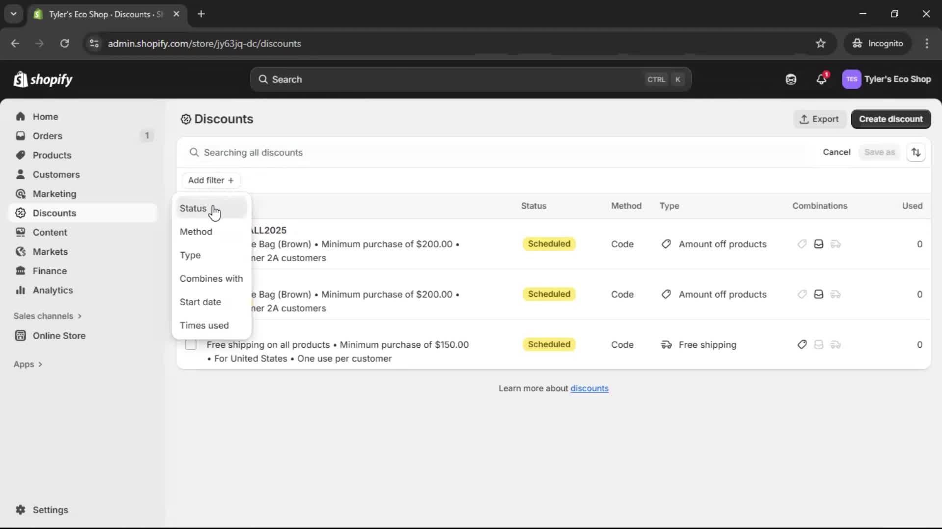 Creating a discount code screenshot