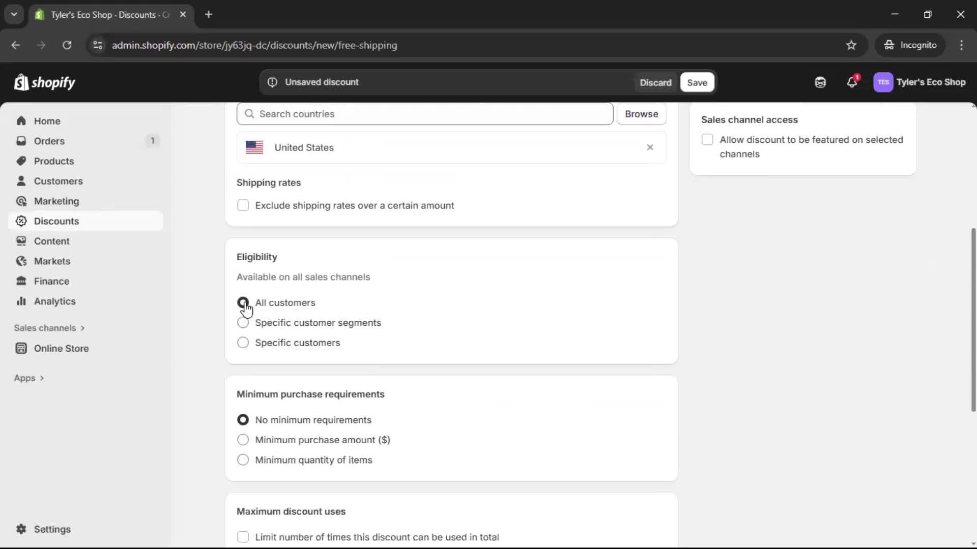 Creating a discount code screenshot