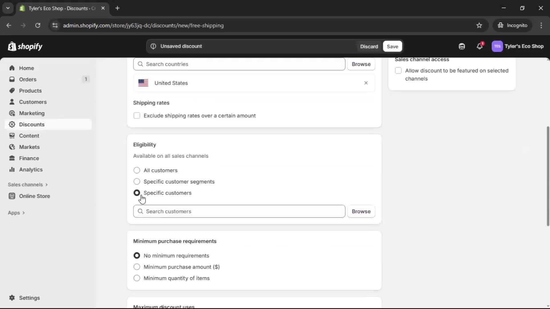 Creating a discount code screenshot