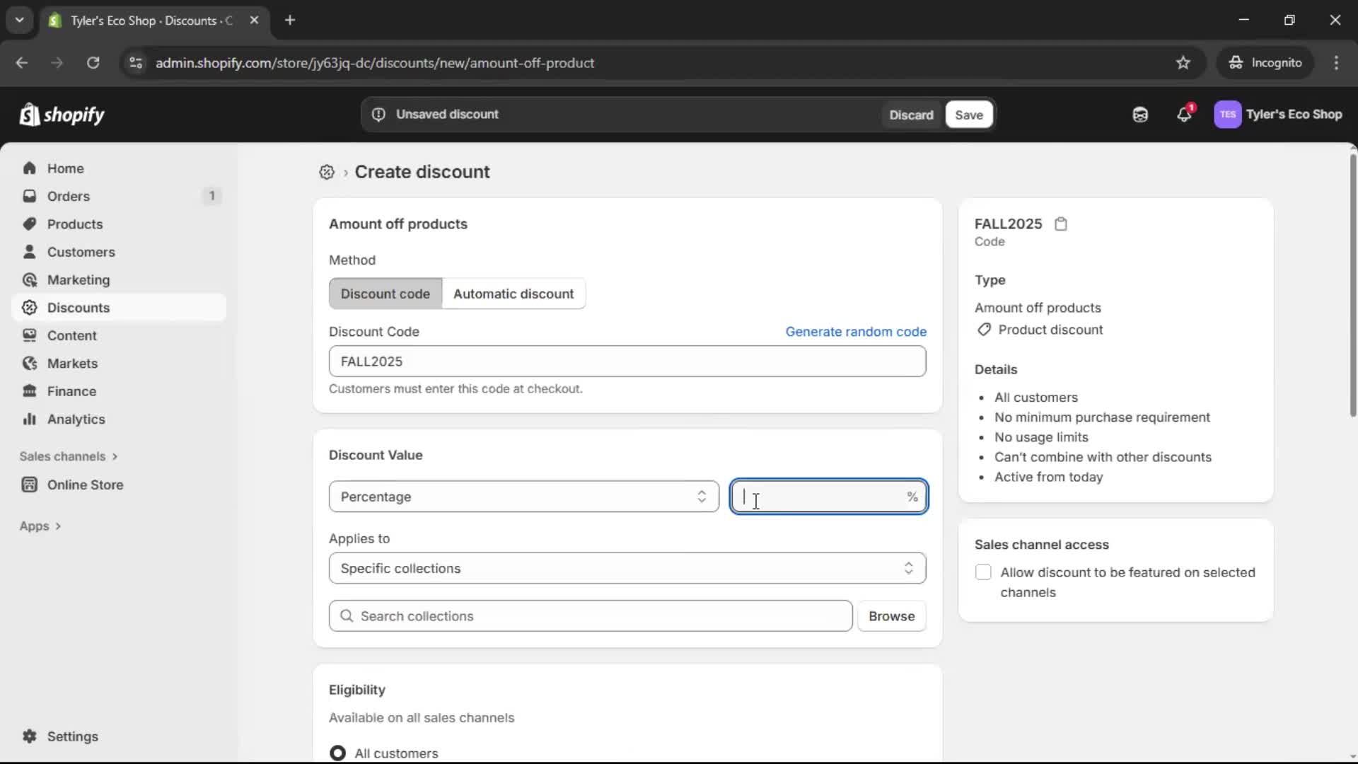 Creating a discount code screenshot