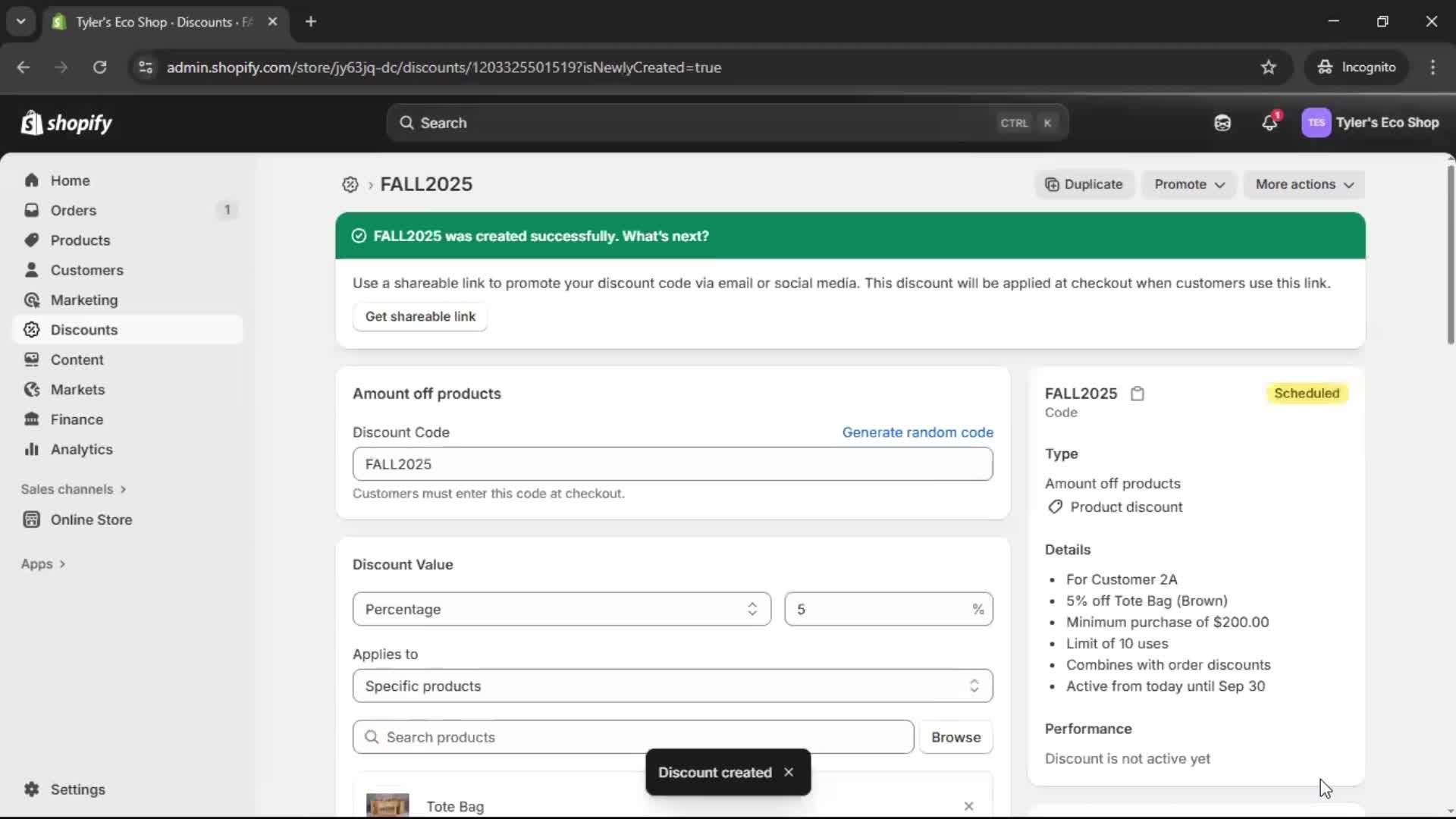 Creating a discount code screenshot