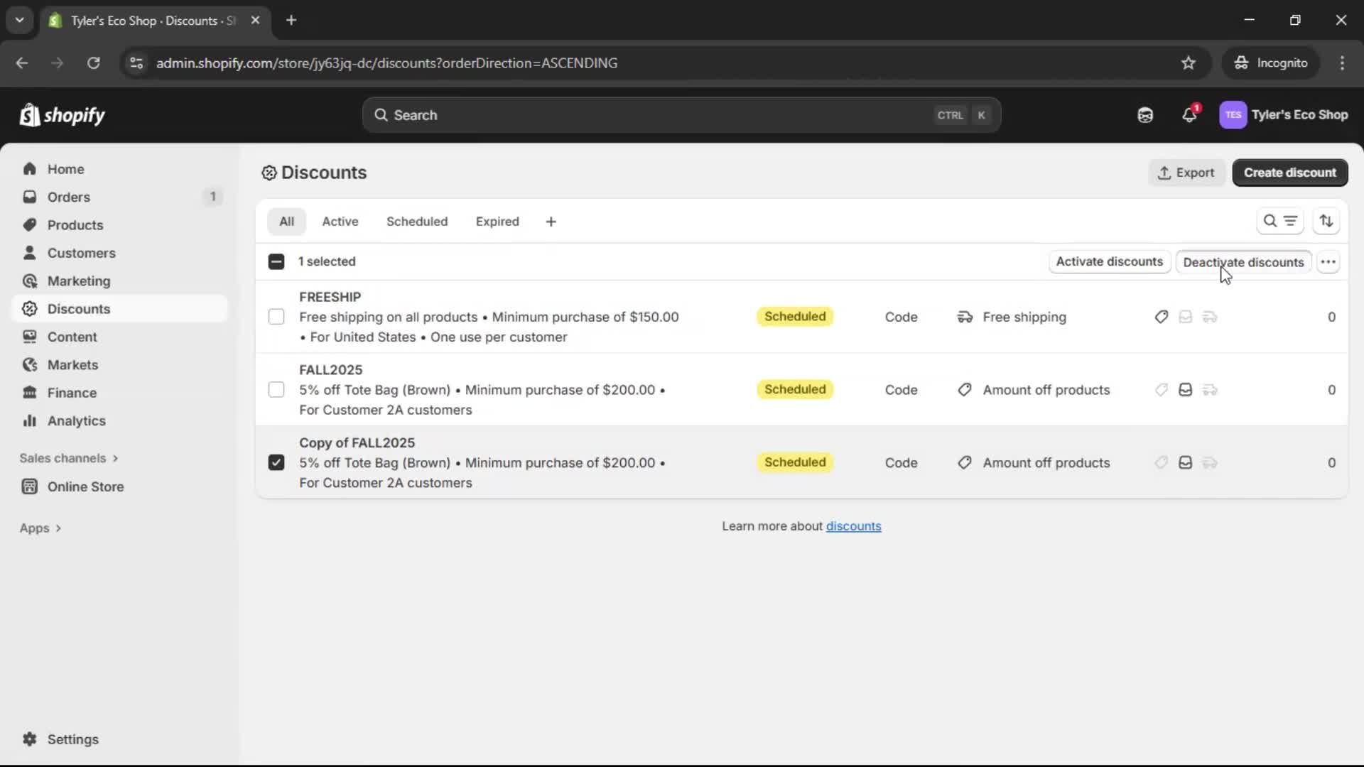 Creating a discount code screenshot