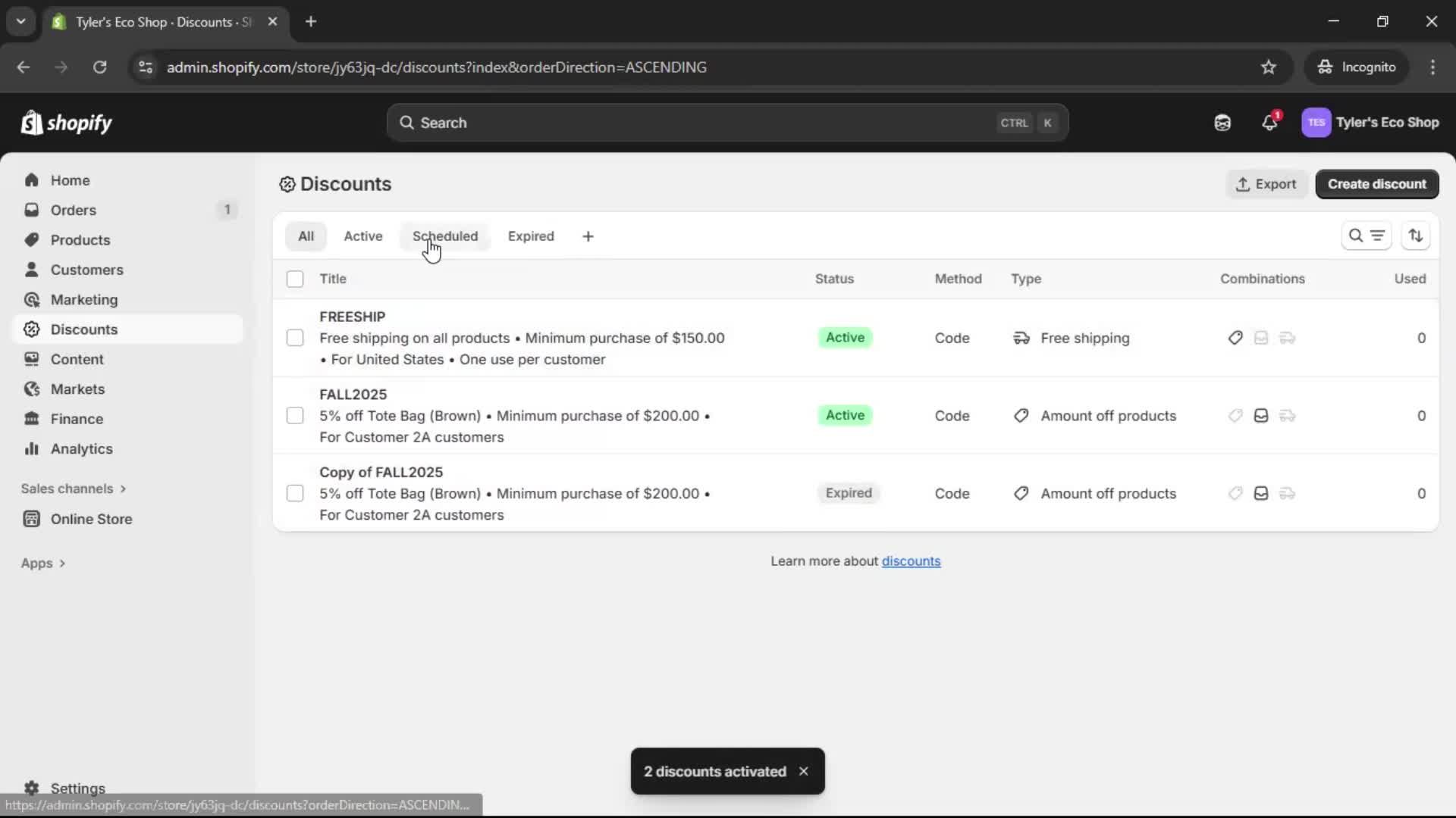 Creating a discount code screenshot
