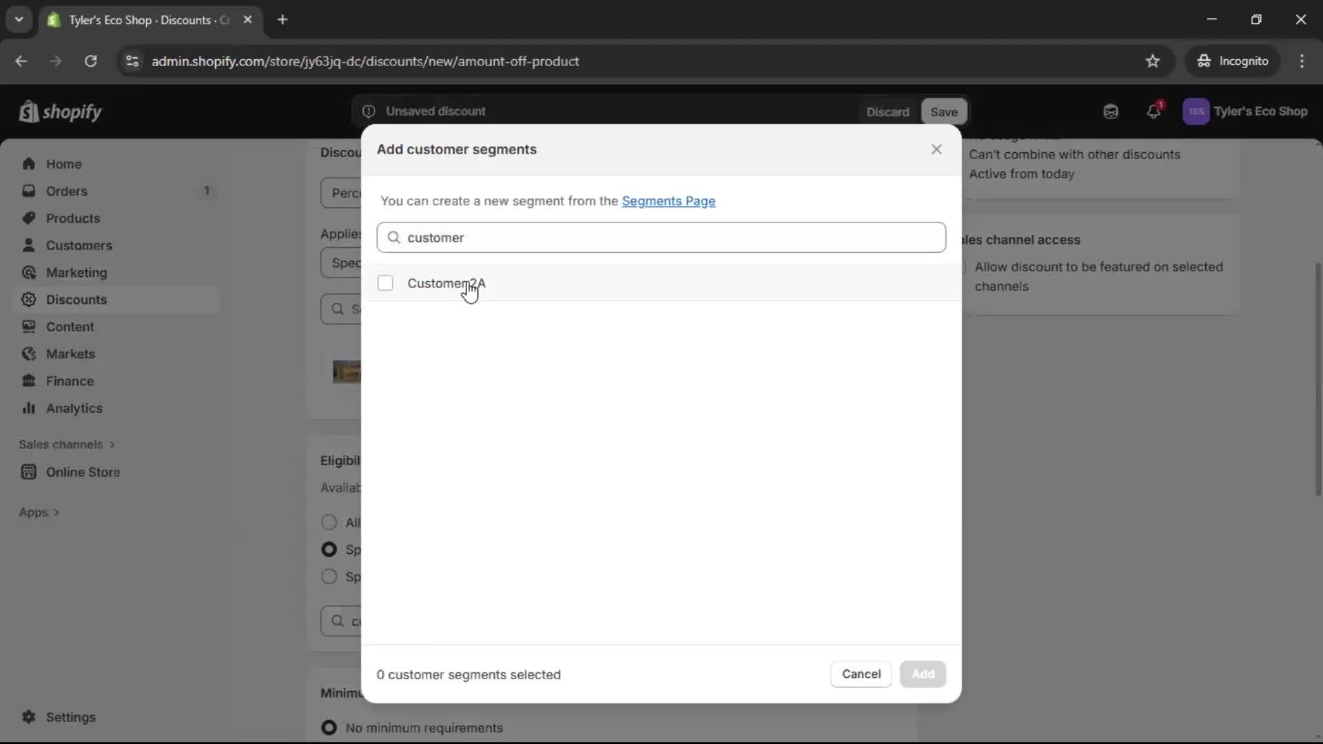 Creating a discount code screenshot