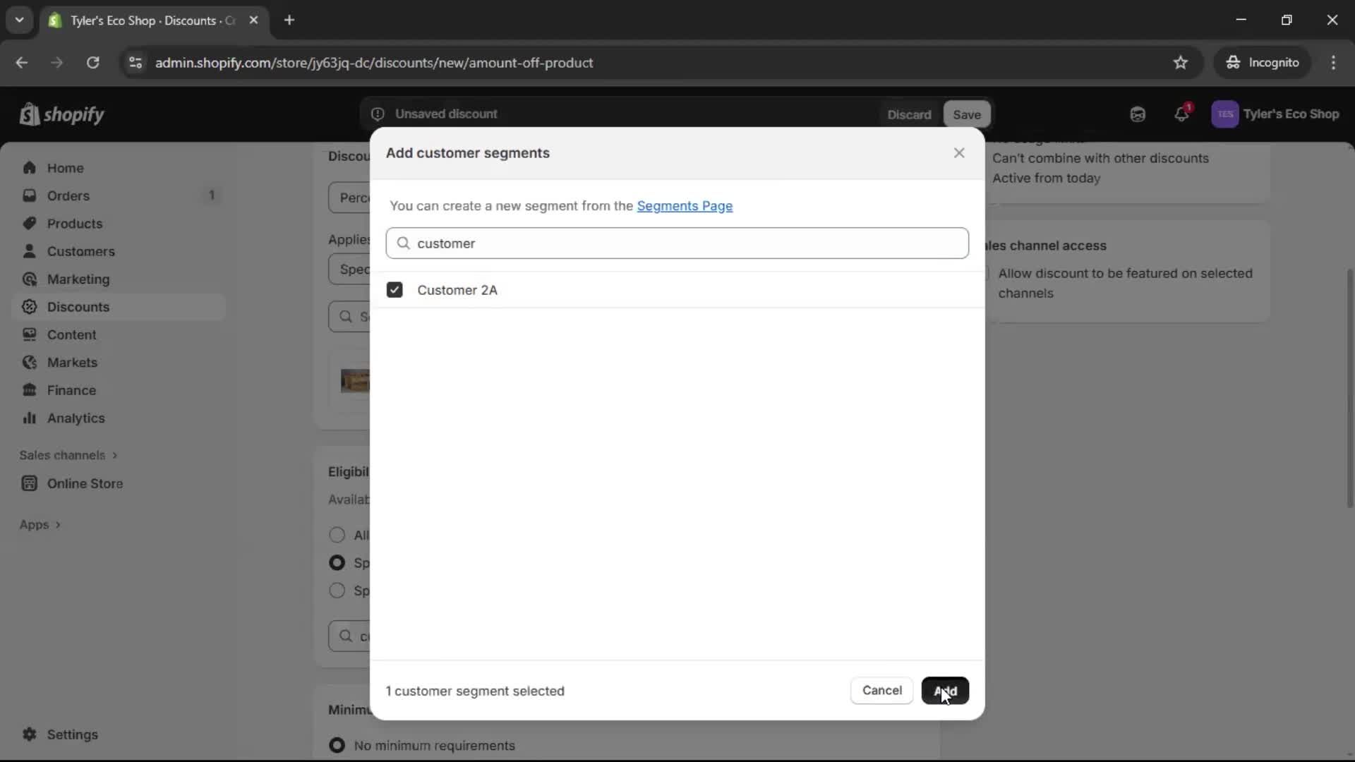 Creating a discount code screenshot