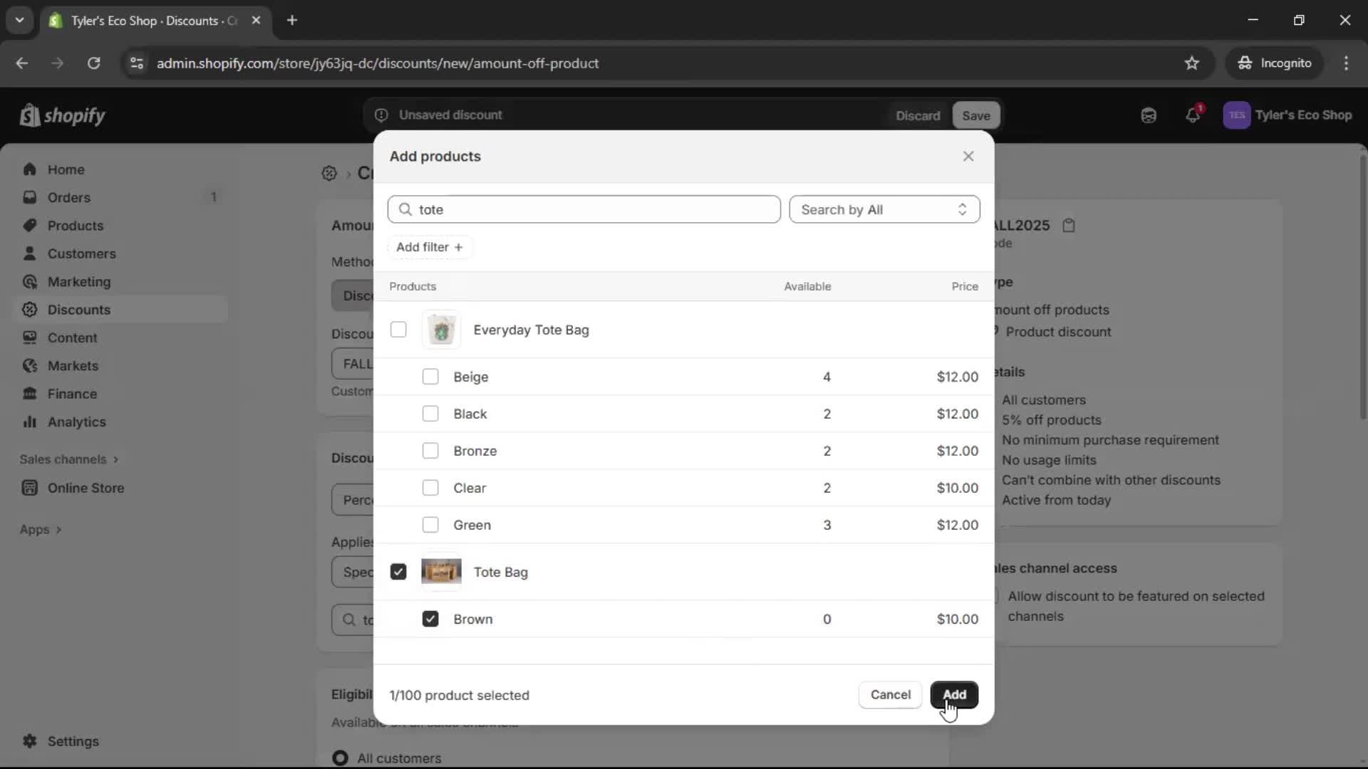 Creating a discount code screenshot
