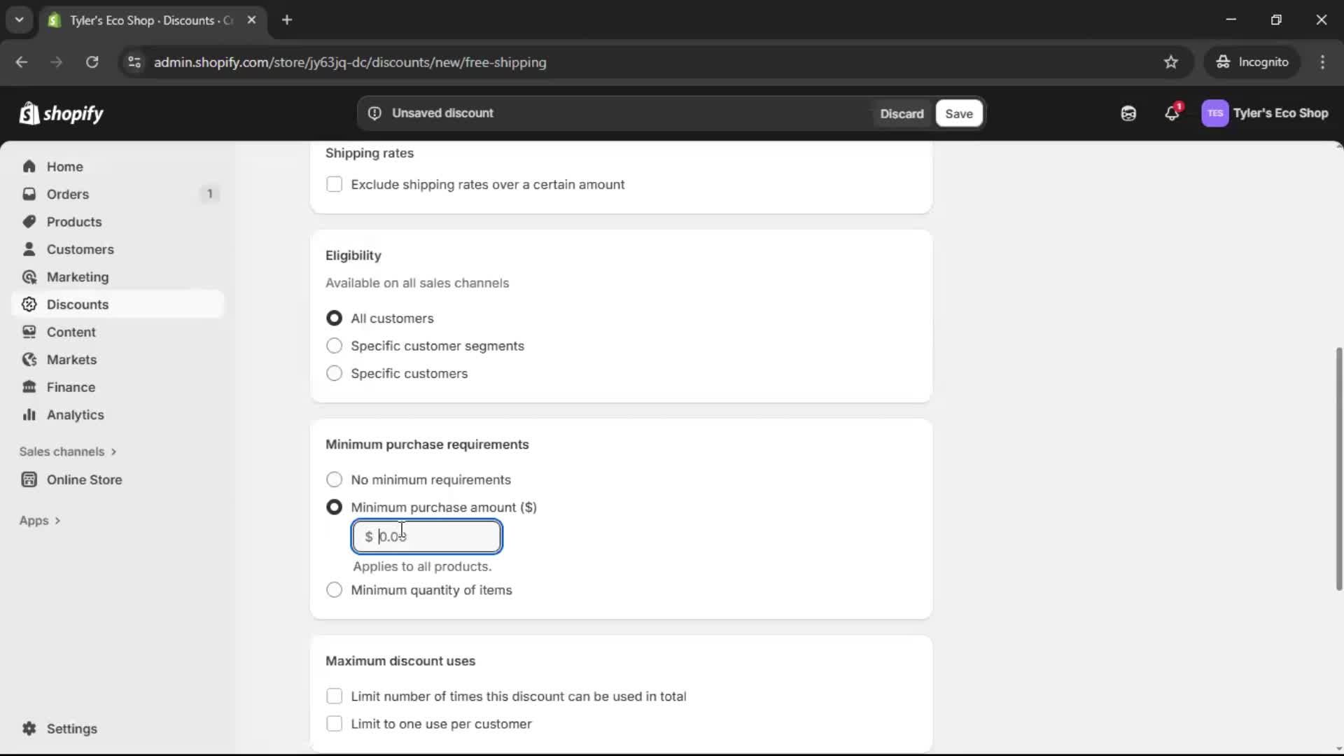 Creating a discount code screenshot