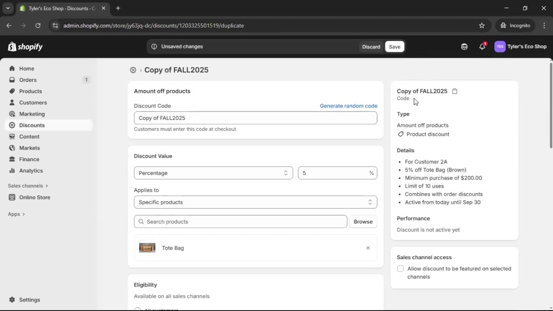 Creating a discount code screenshot