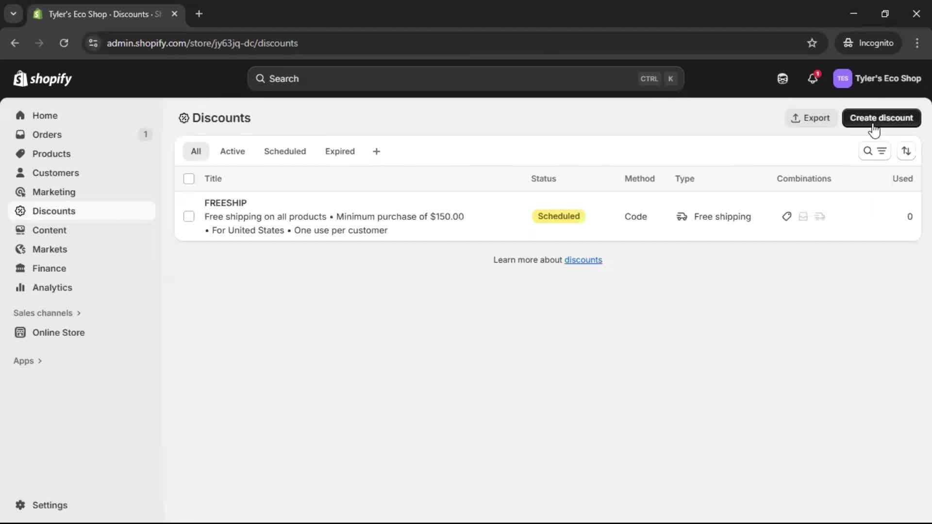 Creating a discount code screenshot