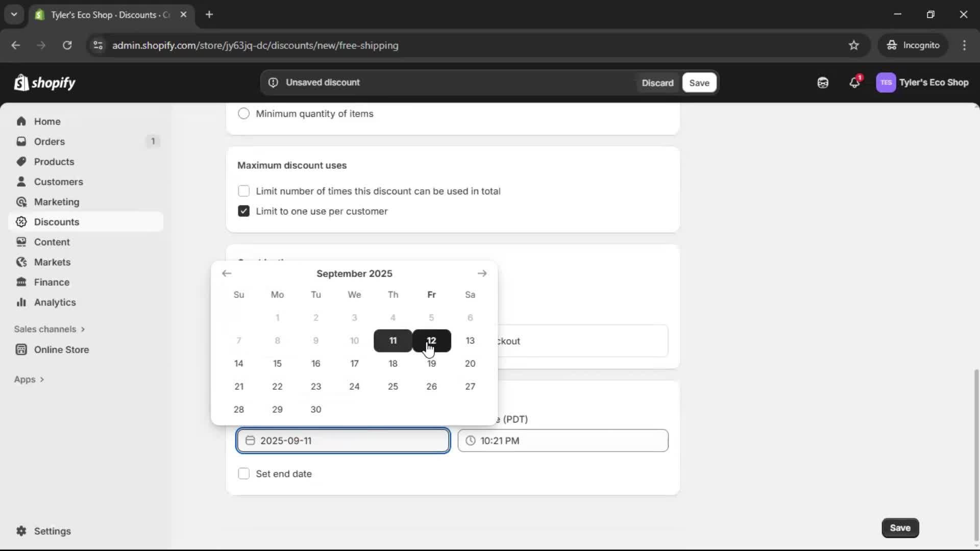 Creating a discount code screenshot