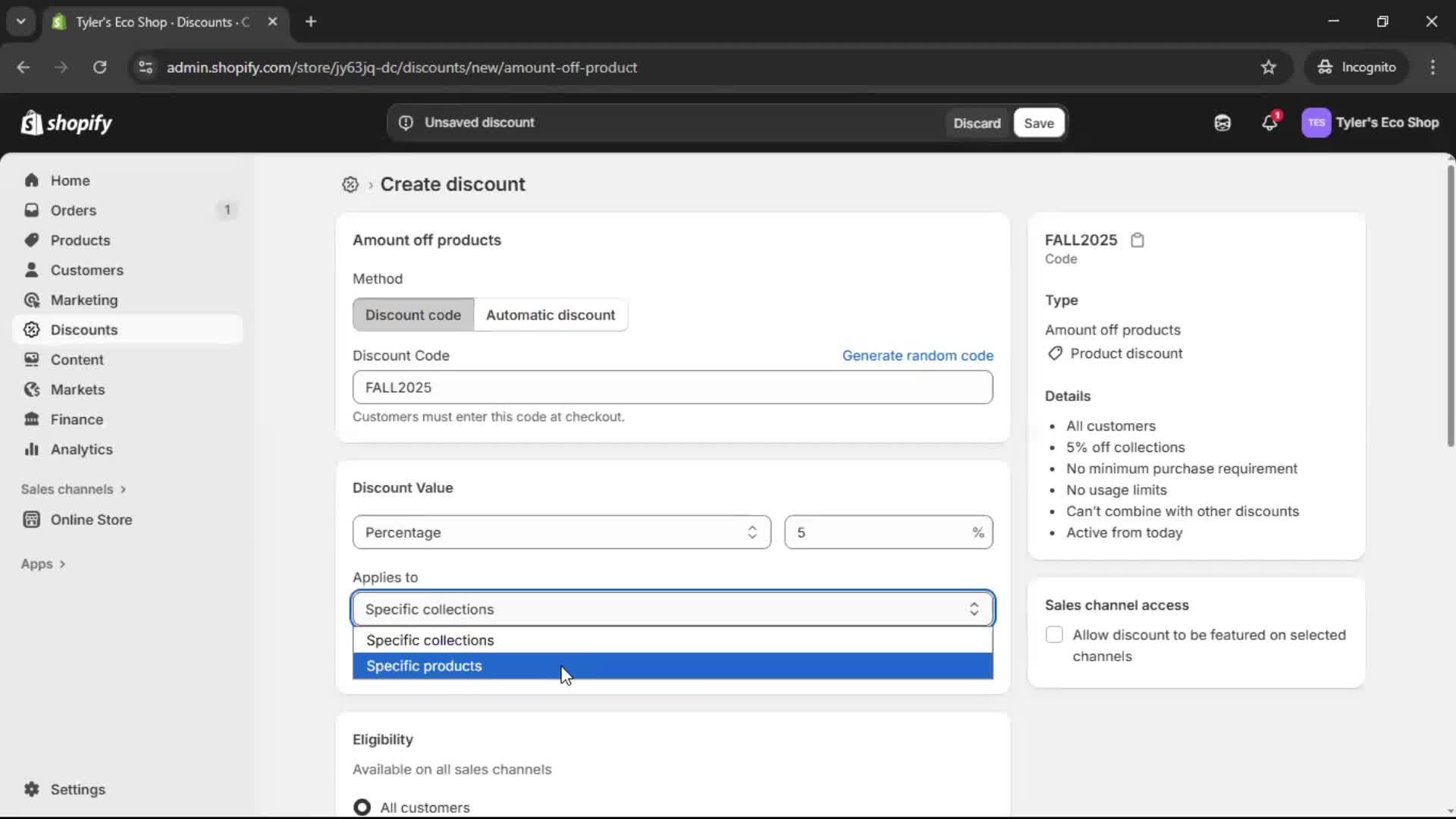 Creating a discount code screenshot