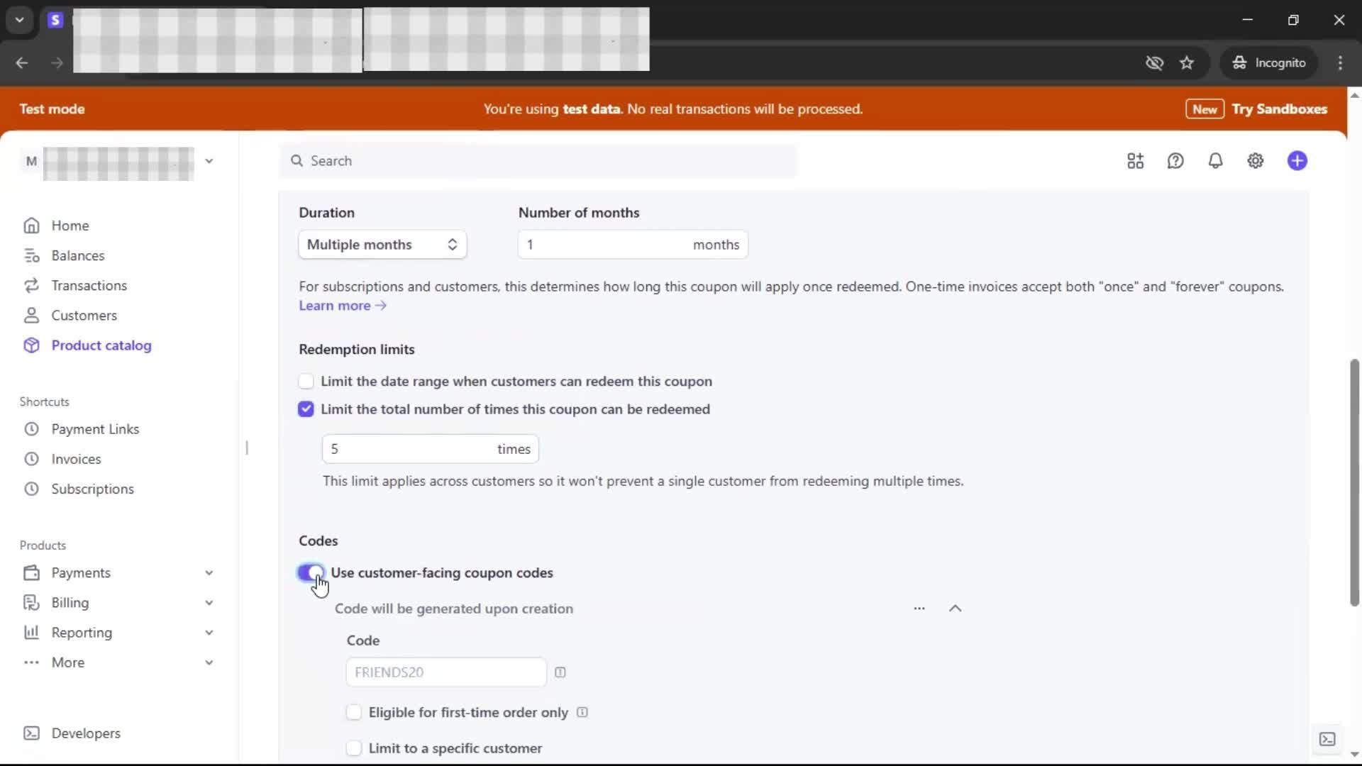 Creating a discount code screenshot