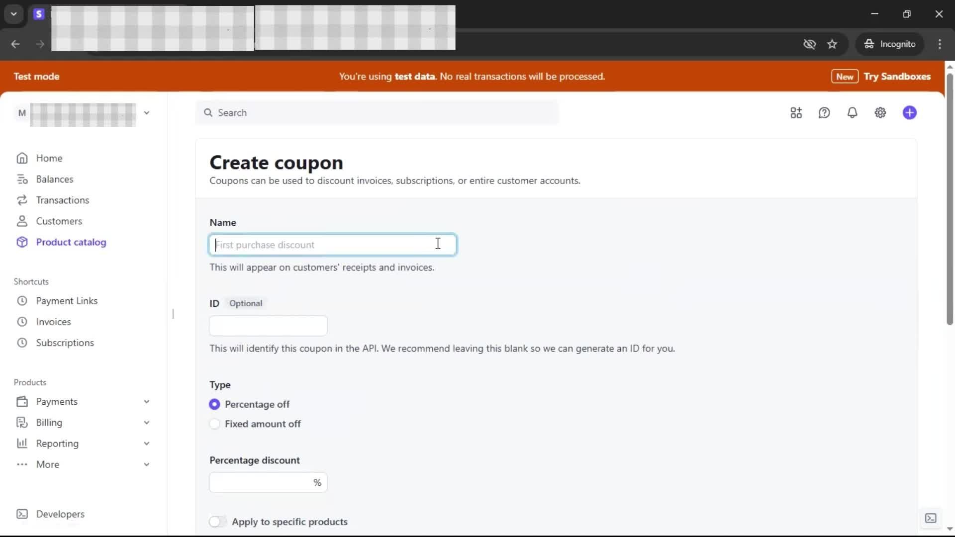 Creating a discount code screenshot